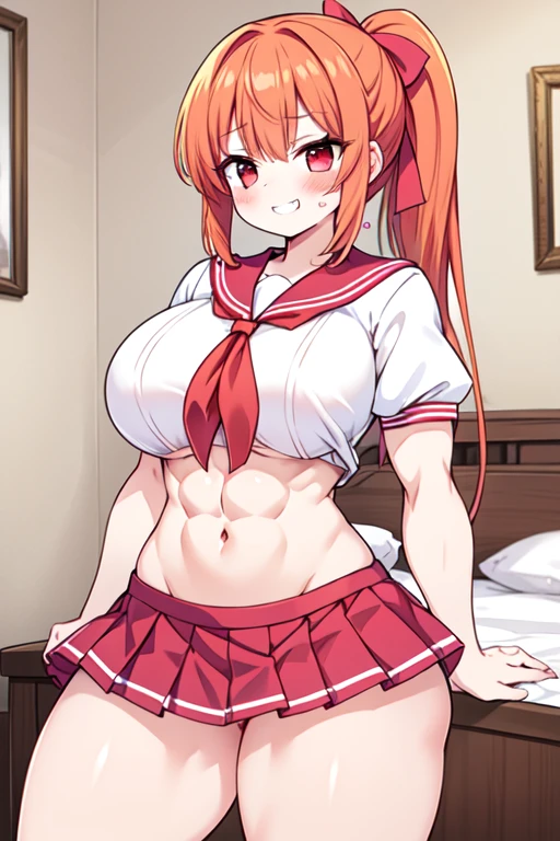 ((highest quality)), ((masterpiece)), (detailed), (Perfect Anatomy), (Classy clothing),
One girl, alone, In the bedroom, profile, Raise your forearms, Flex your biceps;
Perfect Face, Orange Hair, Very long hair, High Ponytail, Fanged Bangs, Side Lock, Apply blush all over the face, Beautiful red eyes, Squint your eyes, Proud expression, Grin;
Muscular body, expensive, Deltoids, trapezius muscle, Large Breasts, Huge biceps, Triceps, Abdominal muscles, Oblique muscles, Wide Hips, groin tendon, Gluteus, Thick thighs, Quad, Latissimus dorsi, Hamstrings;
(Sailor shirt, Short sleeve),
Hello、Hello(Pink Skirt Pleated Skirt), Pink thigh height, Red Ascot, Red hair ribbon.