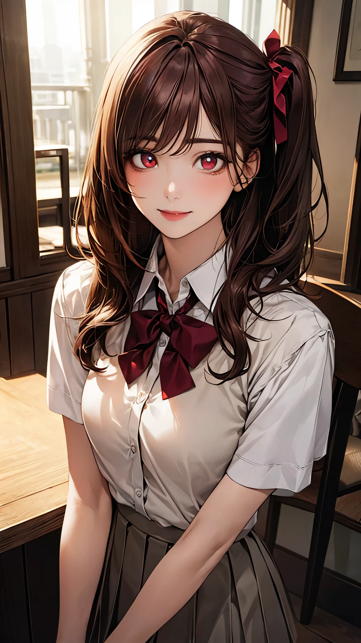 (masterpiece:1.2, top-quality), (realistic, photorealistic:1.4), beautiful illustration, (natural side lighting, movie lighting), nsfw, 
looking at viewer, (face focus, upper body), 1 girl, japanese, high school girl, perfect face, cute and symmetrical face, shiny skin, 
(long hair:1.5, one side up, sandy beige hair), swept bangs, dark red eyes, glowing eyes, big eyes, drooping eyes, long eye lasher, (medium breasts), slender, dark red hair ribbon, 
beautiful hair, beautiful face, beautiful detailed eyes, beautiful clavicle, beautiful body, beautiful chest, beautiful thigh, beautiful legs, beautiful fingers, 
((white collared shirts, grey pleated mini skirt), dark red bow tie), 
(beautiful scenery), evening, (dining room), standing, (lovely smile, upper eyes),
