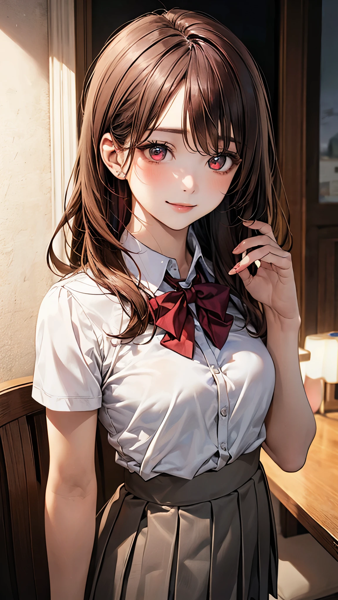 (masterpiece:1.2, top-quality), (realistic, photorealistic:1.4), beautiful illustration, (natural side lighting, movie lighting), nsfw,
looking at viewer, (face focus, upper body), 1 girl, japanese, high school girl, perfect face, cute and symmetrical face, shiny skin,
(long hair:1.5, one side up, sandy beige hair), swept bangs, dark red eyes, glowing eyes, big eyes, drooping eyes, long eye lasher, (medium breasts), slender, dark red hair ribbon,
beautiful hair, beautiful face, beautiful detailed eyes, beautiful clavicle, beautiful body, beautiful chest, beautiful thigh, beautiful legs, beautiful fingers,
((white collared shirts, grey pleated mini skirt), dark red bow tie),
(beautiful scenery), evening, (dining room), standing, (lovely smile, upper eyes),