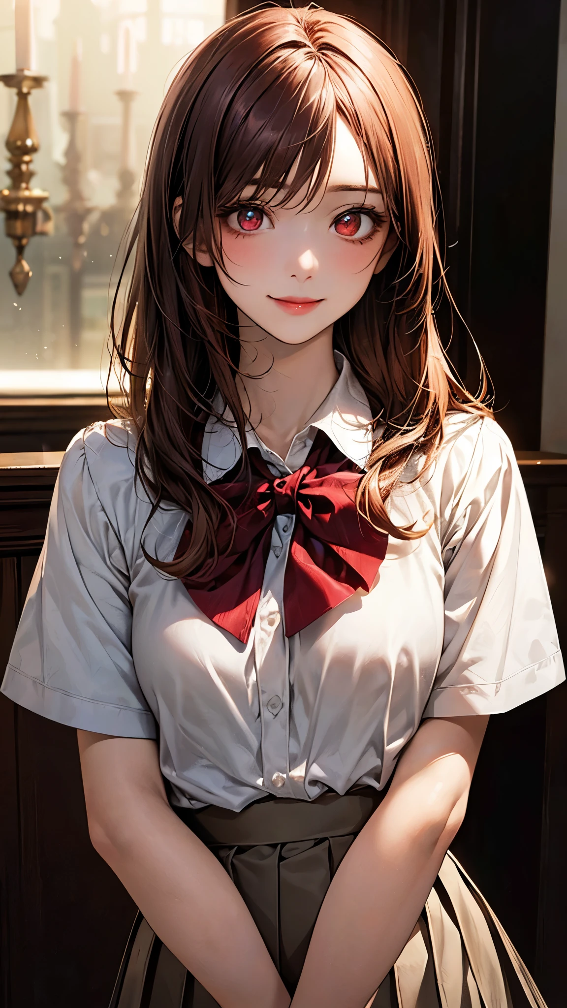 (masterpiece:1.2, top-quality), (realistic, photorealistic:1.4), beautiful illustration, (natural side lighting, movie lighting), nsfw, 
looking at viewer, (face focus, upper body), 1 girl, japanese, high school girl, perfect face, cute and symmetrical face, shiny skin, 
(long hair:1.5, one side up, sandy beige hair), swept bangs, dark red eyes, glowing eyes, big eyes, drooping eyes, long eye lasher, (medium breasts), slender, dark red hair ribbon, 
beautiful hair, beautiful face, beautiful detailed eyes, beautiful clavicle, beautiful body, beautiful chest, beautiful thigh, beautiful legs, beautiful fingers, 
((white collared shirts, grey pleated mini skirt), dark red bow tie), 
(beautiful scenery), evening, (dining room), standing, (lovely smile, upper eyes),
