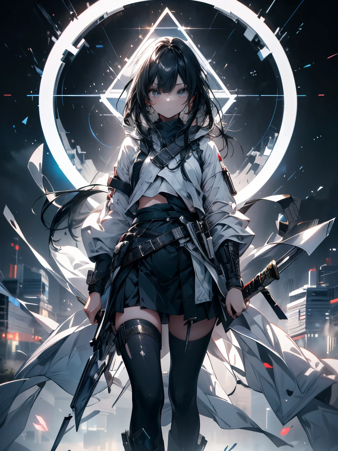 Create Ultra High Definition, Masterpiece quality image with white theme, Featuring a cute anime girl with long black hair in a cool pose, Attack with a high-tech sword. In this scene、A large number of holographic swords appear floating in a circle.。, Each one has countless intricate parts, Set in a predominantly white cyberpunk environment. The scene is enriched with holographic elements and light particles., Emphasizing futuristic and fantastical aesthetics. The image is、Capturing the essence of purity and sophistication with the finest quality and beauty, A super detailed display of a girl and her holographic sword, Super-resolution visuals that highlight the intricate details of a scene.