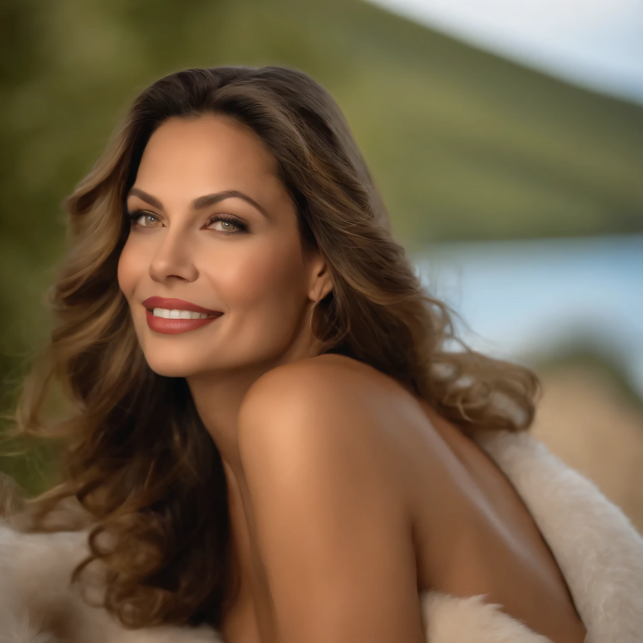 35 ans,(Une MILF:1.2), visage rond, Un regard captivant, Yeux verts, cheveux blonds,A very wide and very thick, very short sand mink fur coat, fifty centimeters d'thickness, duveteux, naturel, with an ultra thick white and sand mink fur collar, Trois couches, souriante, full nude front view, bare shoulders, and two big breasts revealed by the fur, Jeune Ornella Muti, Detailed wrinkles (8k, High resolution, Ultra-quality, A quality of'image ultra élevée, Ultrarealistic, best quality:1.2) (gros seins en bonnet D:1.1), eyes visible through the hair, with silver gray hair, cut hair, Bonne position des yeux, Cinematic light, Soft light, lombes, la nuit, detailed color background, Convoluted, Very detailed, 8k, Overall Silhouette, posant professionnellement sur un canapé penthouse, En regardant directement la caméraUne photo d'une femme souriante Nikon D850, Objectif 85 mm