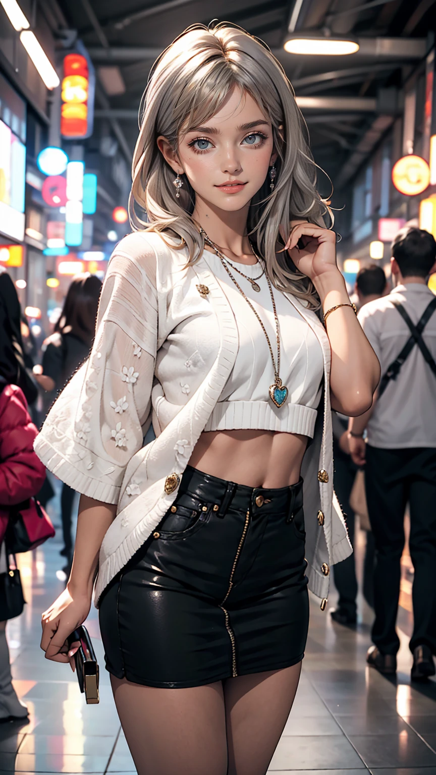 1 mature woman,bottomless、long hair、Silver Hair、smile、shame、Pull the hem