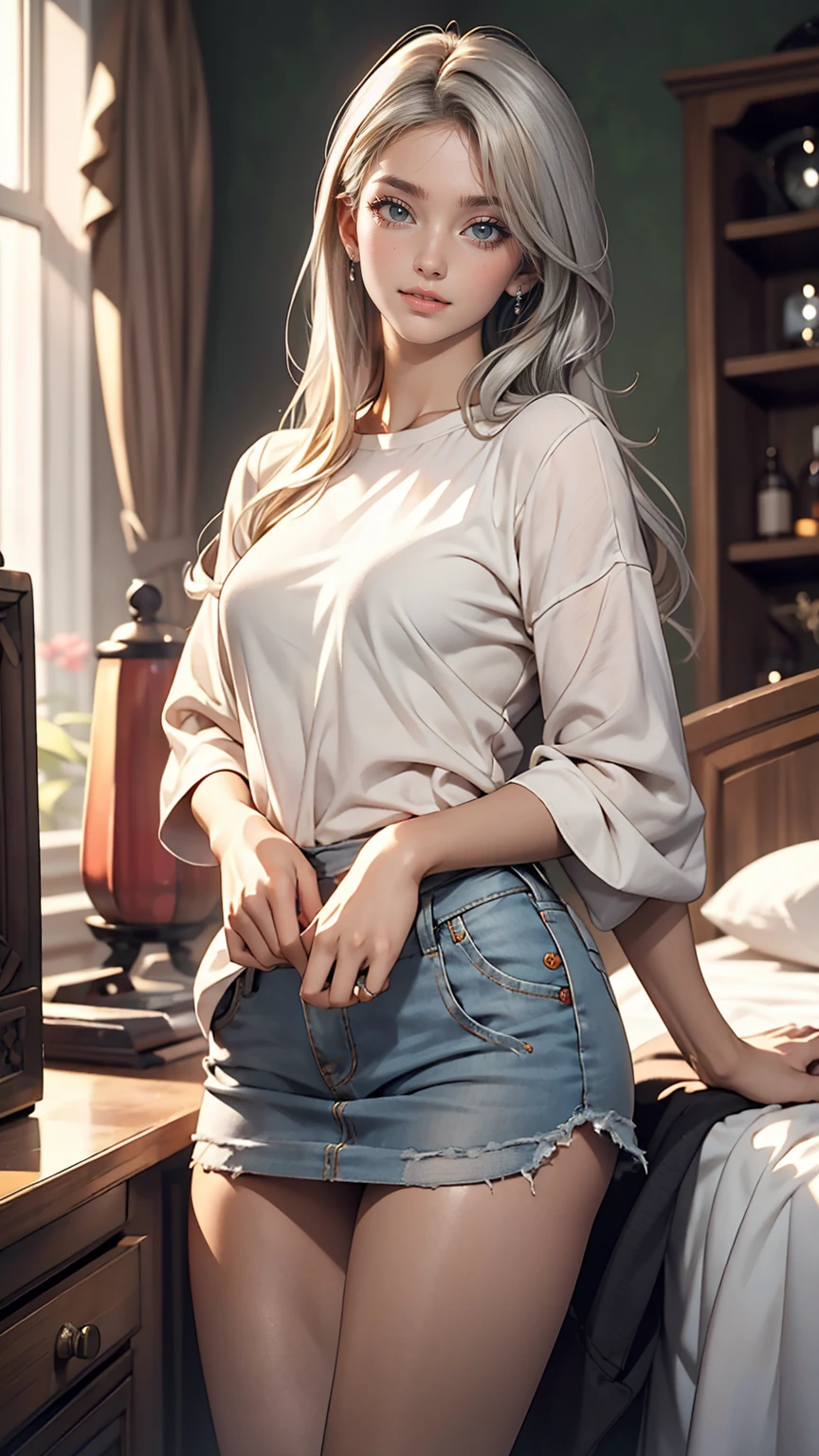 1 mature woman,bottomless、long hair、Silver Hair、smile、shame、Pull the hem