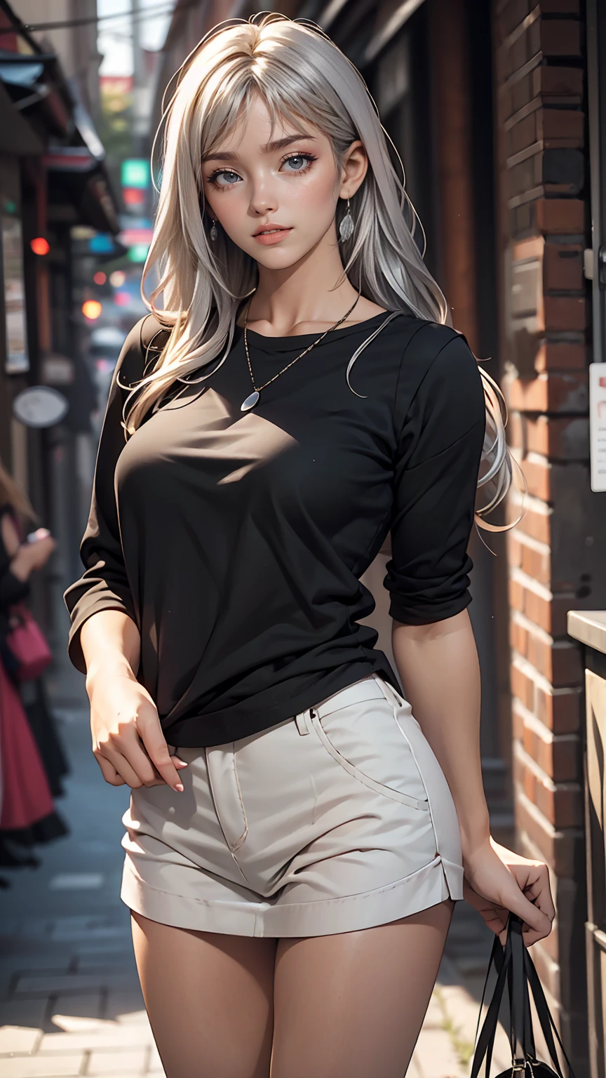 1 mature woman,bottomless、long hair、Silver Hair、smile、shame、Pull the hem