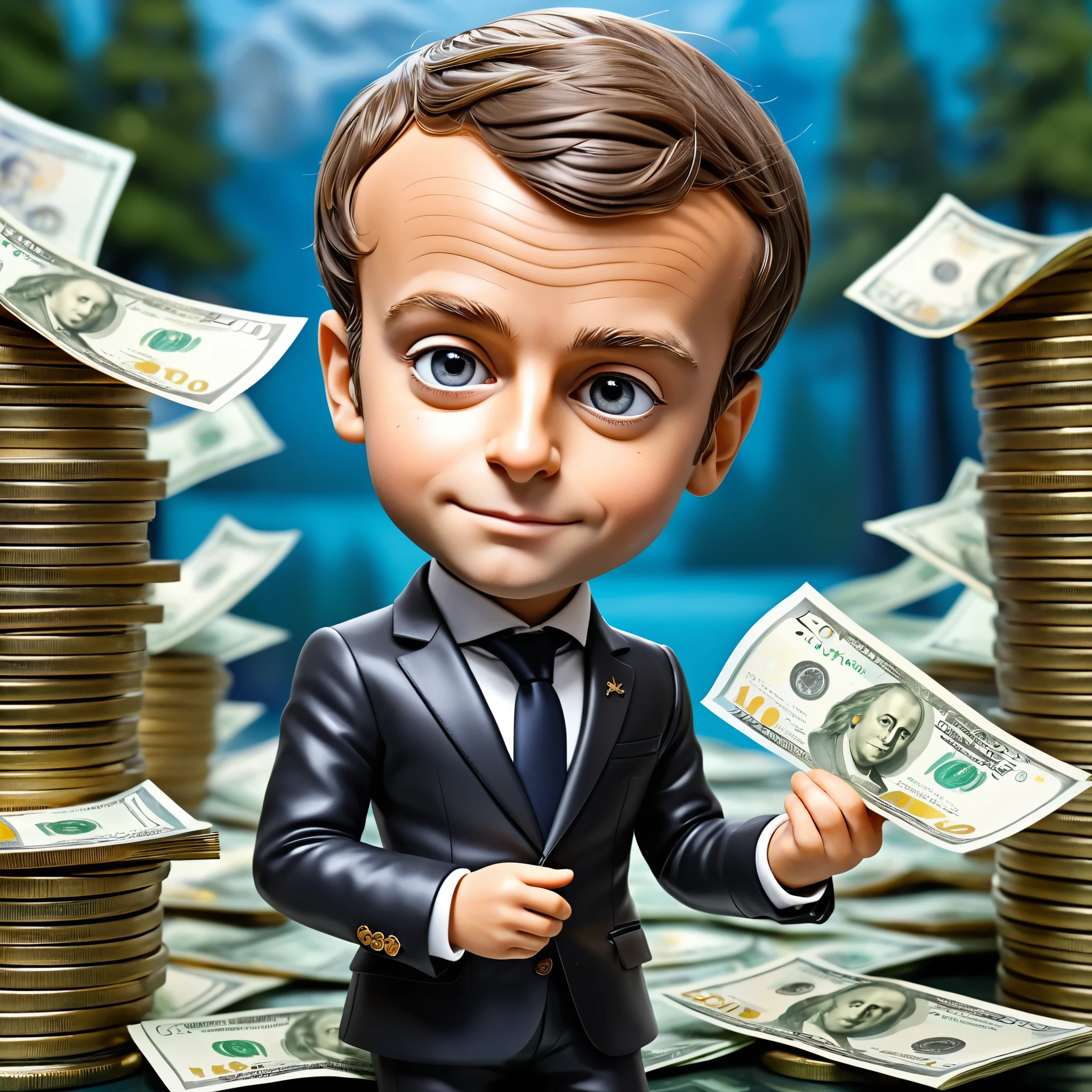 emmanuel macron style mozart of finance in front pool of money "EURO",
1boy, solo, south park style,
full body, masterpiece, best quality, super detailed, extremely delicate and beautiful, (((sharpening))):1.6,  dynamic pose,