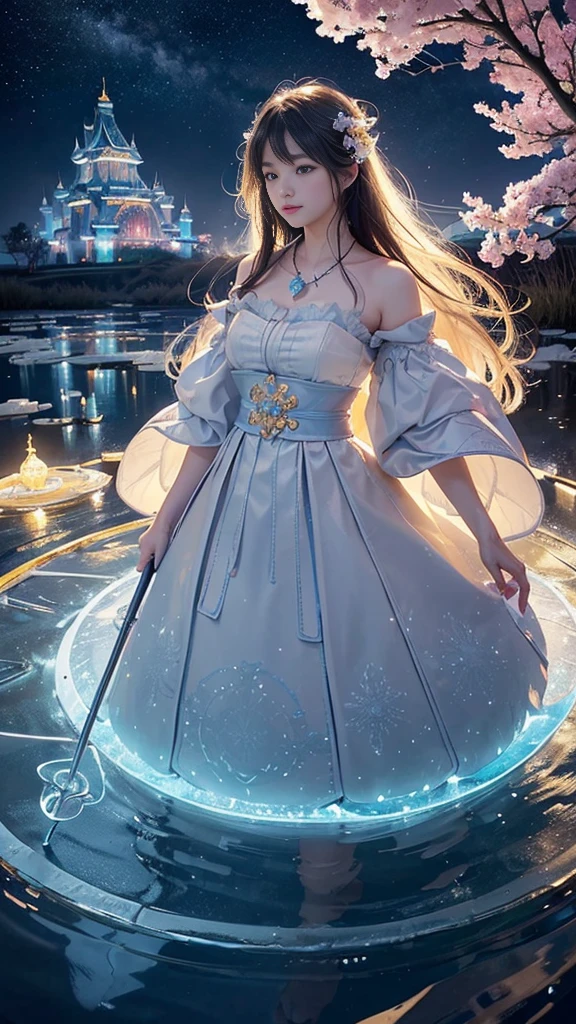 adorable_girl,fair_skin,huge filesize,colorful,beautiful detailed glow, detailed ice, beautiful detailed water, (magic circle:1.2), (floating palaces:1.3),beautiful detailed pampas grass field, open hakama, surrounded by floating sakura, yellow full moon, beautiful detailed dark midnight sky, messy white long hair,