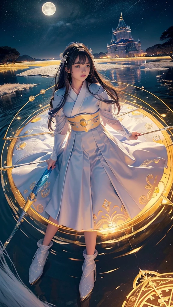 adorable_girl,fair_skin,huge filesize,colorful,beautiful detailed glow, detailed ice, beautiful detailed water, (magic circle:1.2), (floating palaces:1.3),beautiful detailed pampas grass field, open hakama, surrounded by floating sakura, yellow full moon, beautiful detailed dark midnight sky, messy white long hair,