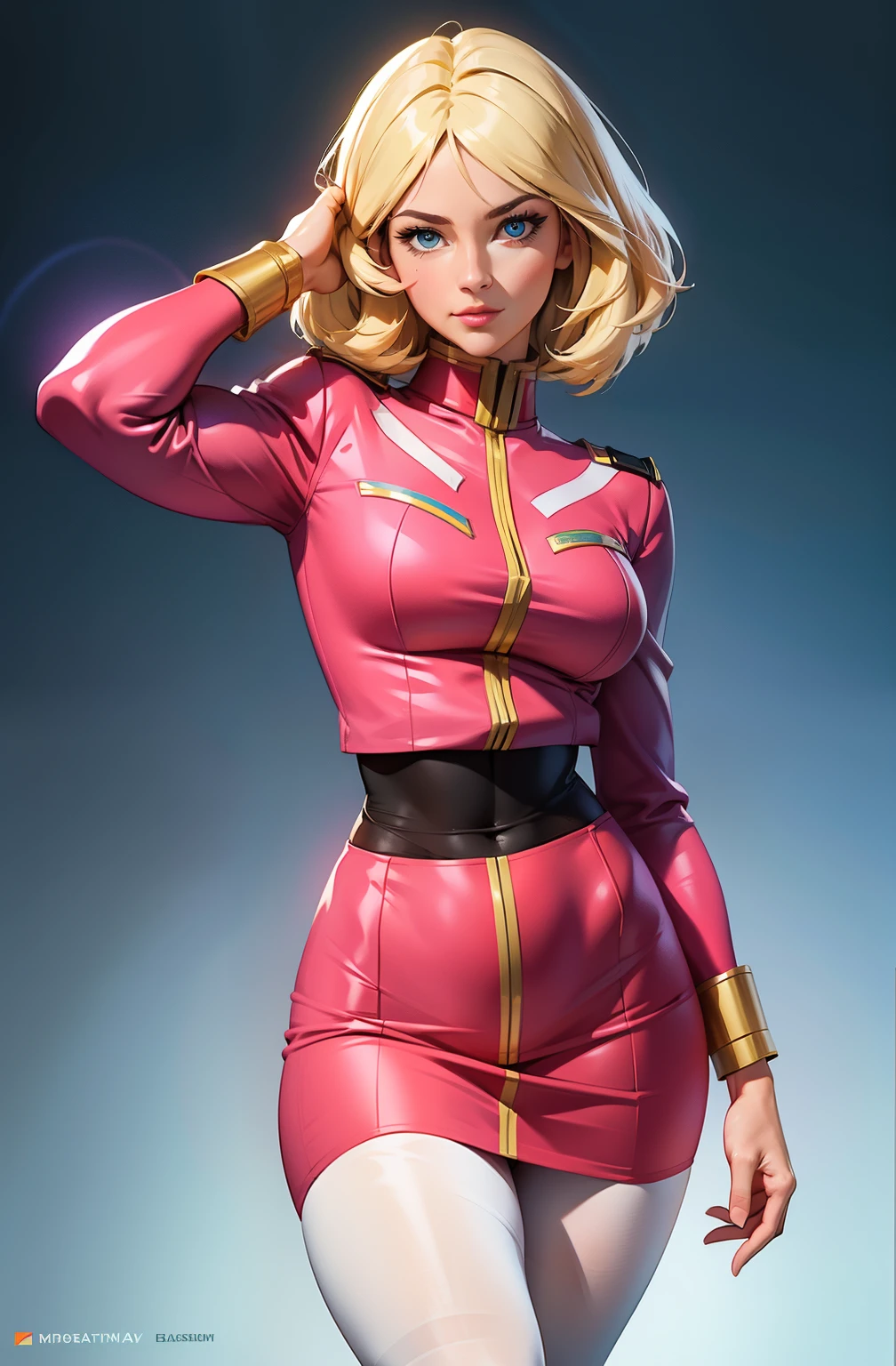 ((masterpiece)), ((cinematic lighting)), realistic photo、Real Images、Top image quality、1girl in, sayla mass, Elegant, masterpiece, Convoluted, slim arms, wide hips, thick thighs, thigh gaps, Best Quality, absurderes, high face detail, Perfect eyes, mature, Cowboy Shot, , Vibrant colors, soft pink uniform, soft pink Skirt, white tights, side view, looking at viewer
