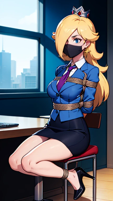 ((high detailed, best quality, 4k, masterpiece, hd:1.3)), BREAK night, window, moonlight, landscape, (in office), indoors, business office, office workers working in the office, many people are busy working, window, desk, chair, computer, ceiling light, Rosalina, one eye covered by hair, neon blue eyes, seductive, attractive, , smooth anime cg art, 36C breasts, (long fitness legs), vivid colors, detailed digital art, slim body, perfect skin, blonde hair, long hair, BREAK crown, BREAK looking at viewer, extremely detailed face, navy_blue necktie, blue jacket, black shirt, blue pencil skirt, full body, (blue high heels), earrings, gem, dark black makeup lips, dark gothic eyeshadows, dark eyeshadows, black eyeshadows, , (perfect hands, perfect anatomy), black makeup, (1 girl), ((front view, frontal view)), (shibari, arms behind back: 1.4), (wearing a tight mask), ((tight black band mask)), standing