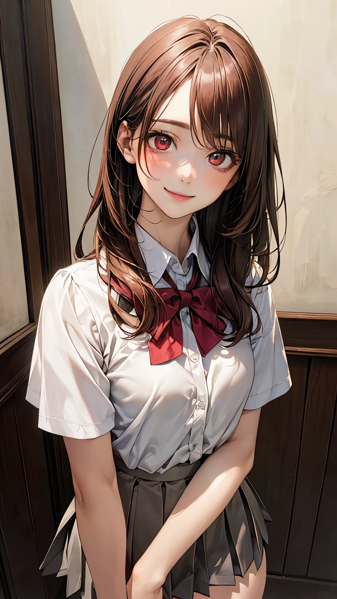 (masterpiece:1.2, top-quality), (realistic, photorealistic:1.4), beautiful illustration, (natural side lighting, movie lighting), nsfw,
looking at viewer, (face focus, upper body), 1 girl, japanese, high school girl, perfect face, cute and symmetrical face, shiny skin,
(long hair:1.5, one side up, sandy beige hair), swept bangs, dark red eyes, glowing eyes, big eyes, drooping eyes, long eye lasher, (medium breasts), slender, dark red hair ribbon,
beautiful hair, beautiful face, beautiful detailed eyes, beautiful clavicle, beautiful body, beautiful chest, beautiful thigh, beautiful legs, beautiful fingers,
((white collared shirts, grey pleated mini skirt), dark red bow tie),
(beautiful scenery), evening, (dining room), standing, hands between legs, (lovely smile, open smile small),