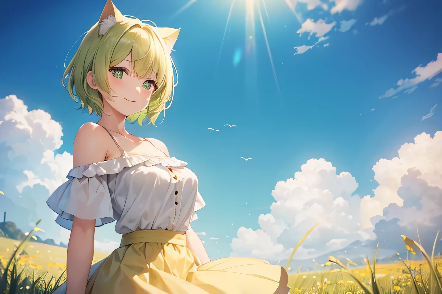 looking afar, Cute girl with gentle smile, one girl, gentle yellowish green hair, short hair, cat ears, yellowish close eyes,medium breasts, looking afar,Top: White off-the-shoulder blouse / Bottom: Light pink tiered skirt,Background is grassland, light leaks, from side, UHD, best quality star shaped pupil, 