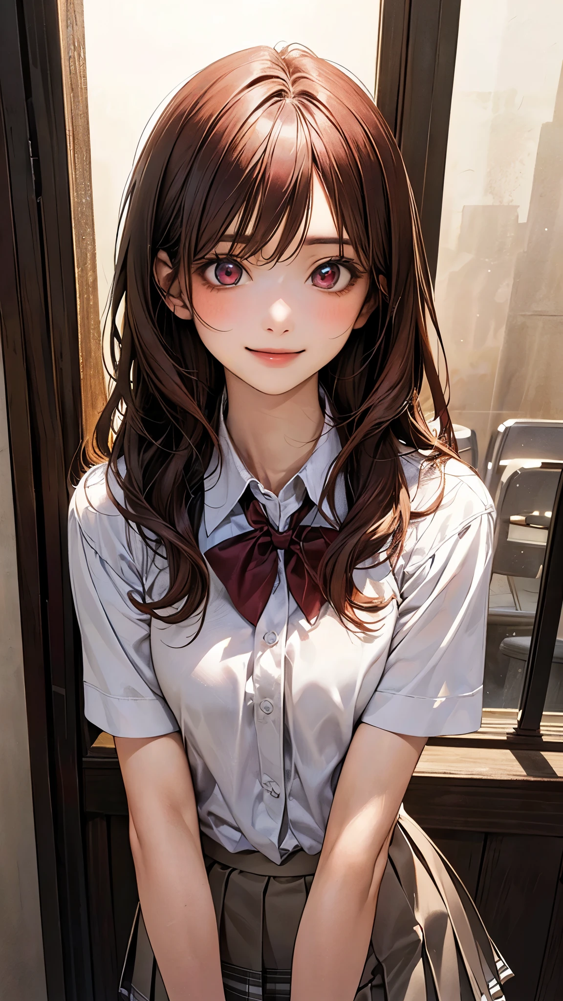 (masterpiece:1.2, top-quality), (realistic, photorealistic:1.4), beautiful illustration, (natural side lighting, movie lighting), nsfw,
looking at viewer, (face focus, upper body), 1 girl, japanese, high school girl, perfect face, cute and symmetrical face, shiny skin,
(long hair:1.5, one side up, sandy beige hair), swept bangs, dark red eyes, glowing eyes, big eyes, drooping eyes, long eye lasher, (medium breasts), slender, dark red hair ribbon,
beautiful hair, beautiful face, beautiful detailed eyes, beautiful clavicle, beautiful body, beautiful chest, beautiful thigh, beautiful legs, beautiful fingers,
((white collared shirts, grey pleated mini skirt), dark red bow tie),
(beautiful scenery), evening, (dining room), standing, hands between legs, (lovely smile, open smile small),