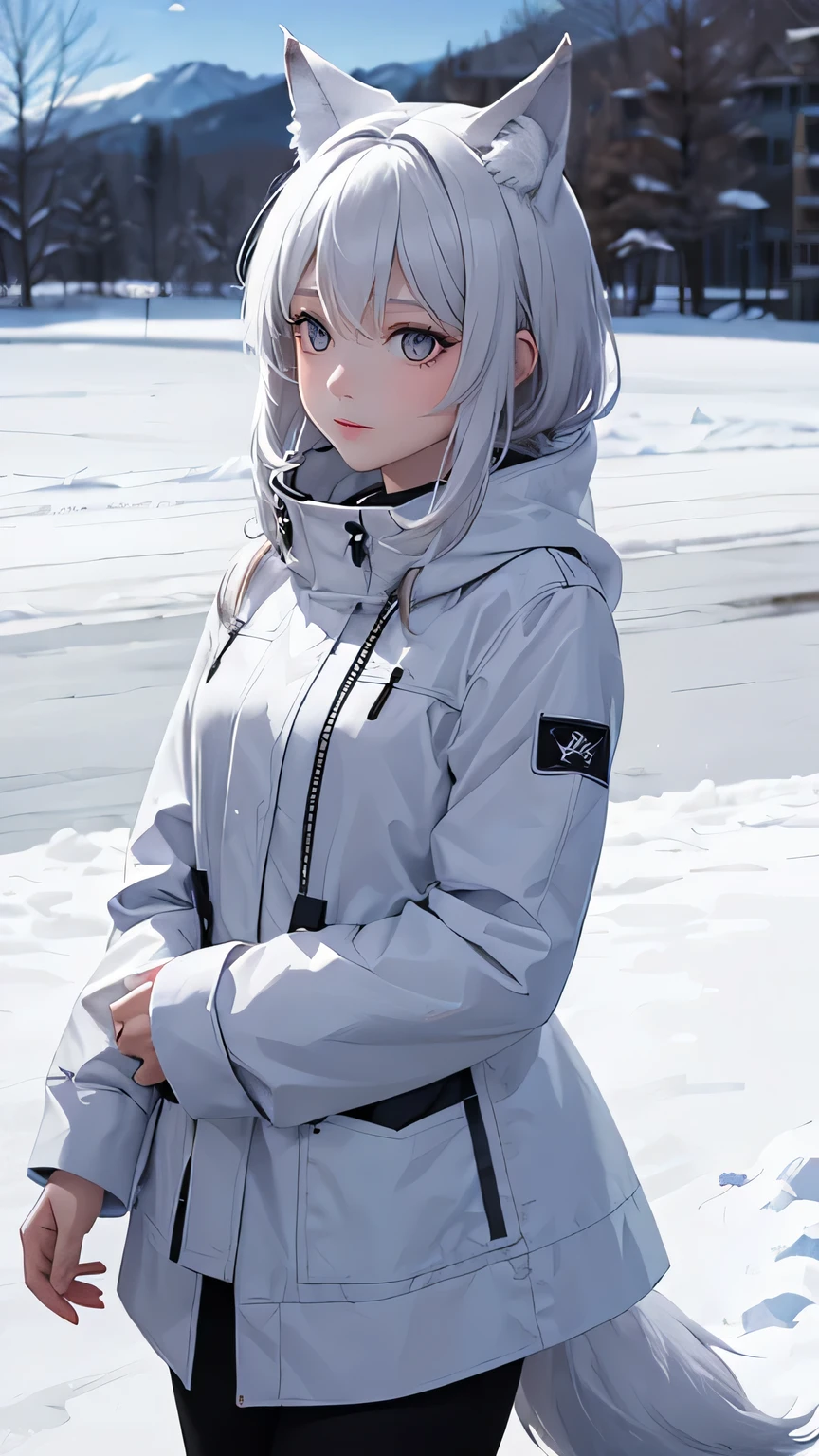 Lonely wolf in the snow, girl
