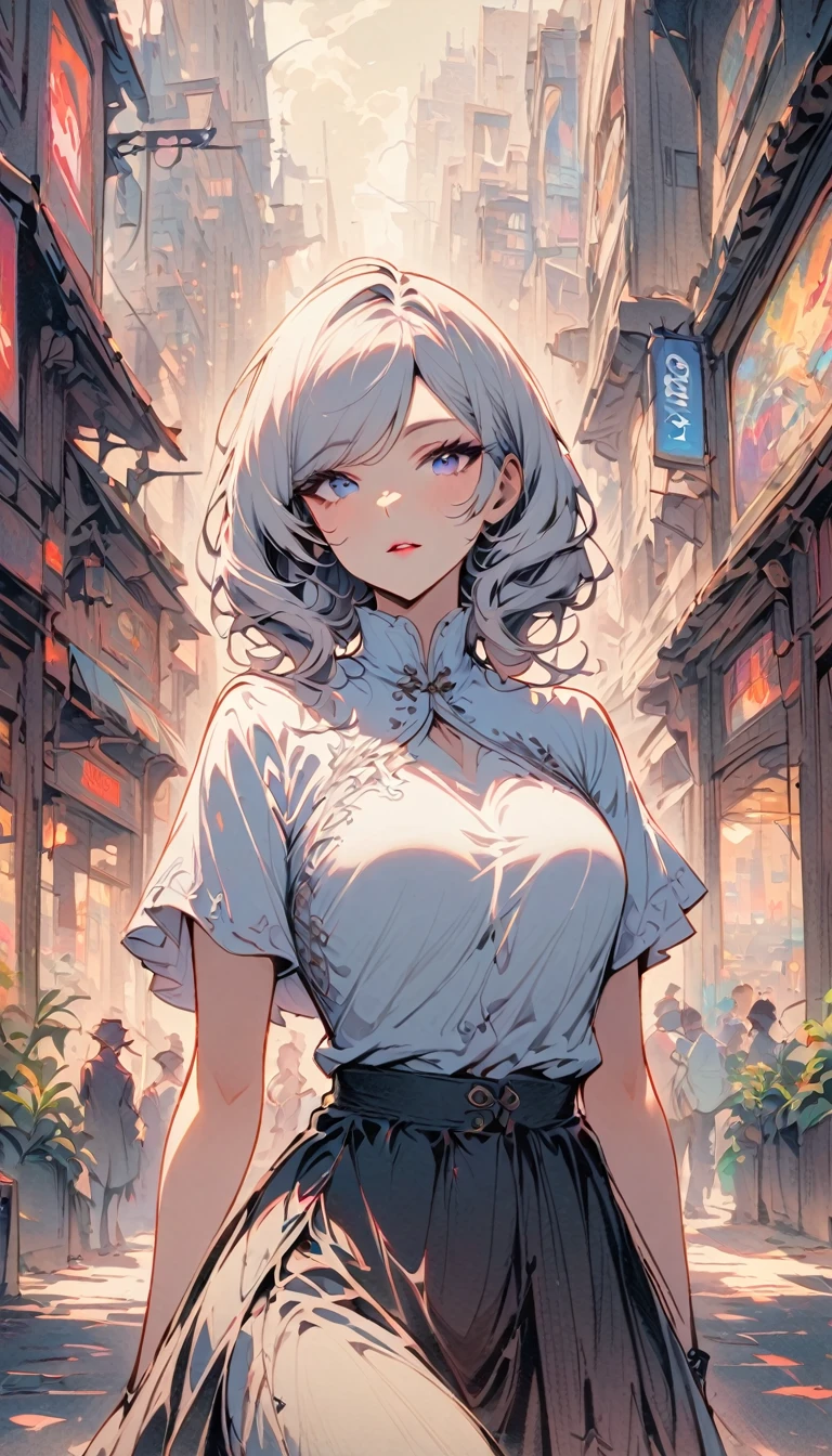 SFW, masterpeice, highres, 1 Girl, solo, looking at the viewer, white hair, White shirt, Open your clothes, City,
