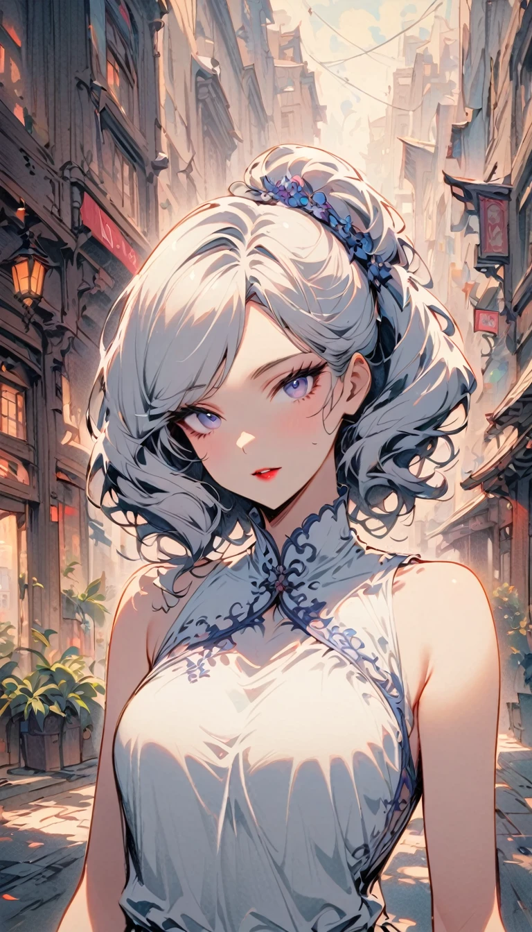 SFW, masterpeice, highres, 1 Girl, solo, looking at the viewer, white hair, White shirt, Open your clothes, City,