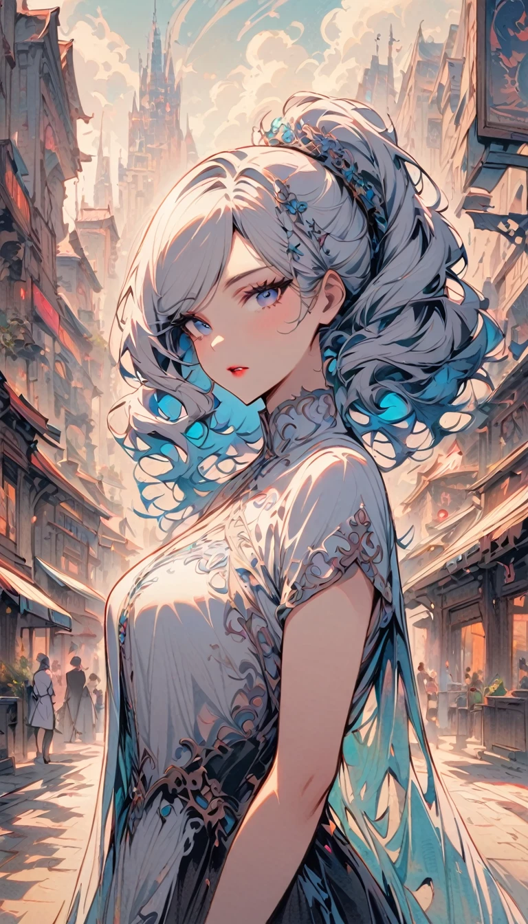 SFW, masterpeice, highres, 1 Girl, solo, looking at the viewer, white hair, White shirt, Open your clothes, City,