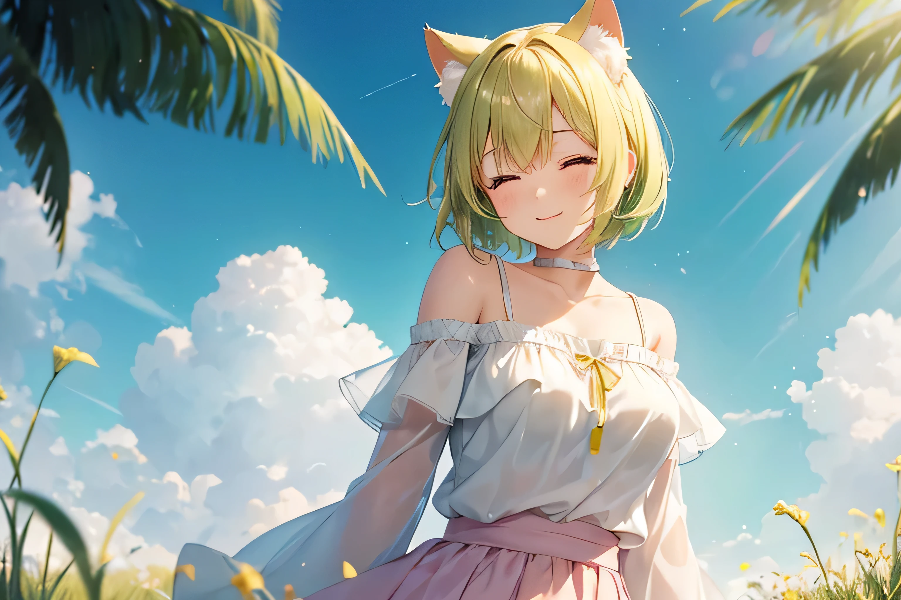 looking afar, Cute girl with gentle smile, one girl, gentle yellowish green hair, short hair, cat ears, yellowish close eyes,medium breasts, looking afar,Top: White off-the-shoulder blouse / Bottom: Light pink tiered skirt,Background is grassland, light leaks, from side, UHD, best quality star shaped pupil, 
