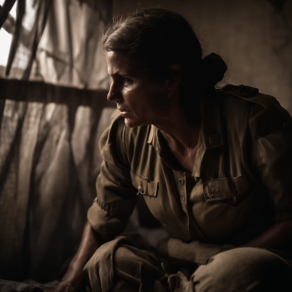 (best quality,4k,8k,highres,masterpiece:1.2),ultra-detailed,realistic,violence:1.37,American soldier brutally torturing Iraqi women,dominated by fear and pain,physical and psychological abuse,intense emotions,war crimes,terrifying atmosphere,gritty details,suspended moment,photographic style,graphic content,witnessing horror,human rights violation,horrific scene,disturbing reality,war-time atrocities,frightened expressions,desperation,helplessness,bloodstained bed,malevolence,power imbalance,silenced victims,chronicle of inhumanity,surreal lighting,overtone of darkness,haunting composition,deep shadows,unsettling contrast,reverberating trauma,documentary photography,conveying the horrors of war.