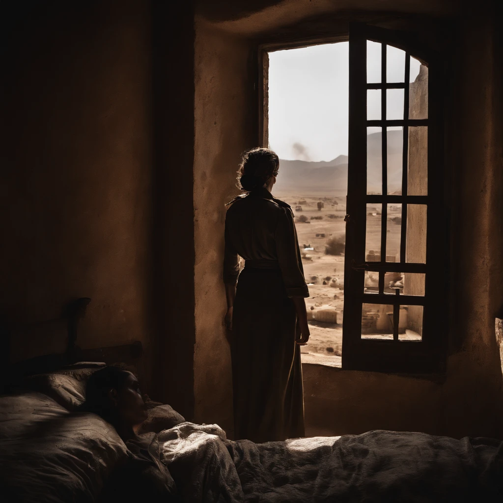 A mesmerizing image featuring a woman lying sensually on a bed in the tranquility of the night. She is alone, basking in the soft moonlight that spills through the window, with a breathtaking view of a vast desert landscape just beyond. The woman's naked form is elegantly displayed, exuding a sense of vulnerability and beauty. The composition focuses on her alluring curves, with the moonlight casting gentle shadows that accentuate her silhouette. The atmosphere is filled with a sense of serenity and mystery as she embraces the solitude of the night, accompanied only by the enchanting moon and the vastness of the desert outside the window.