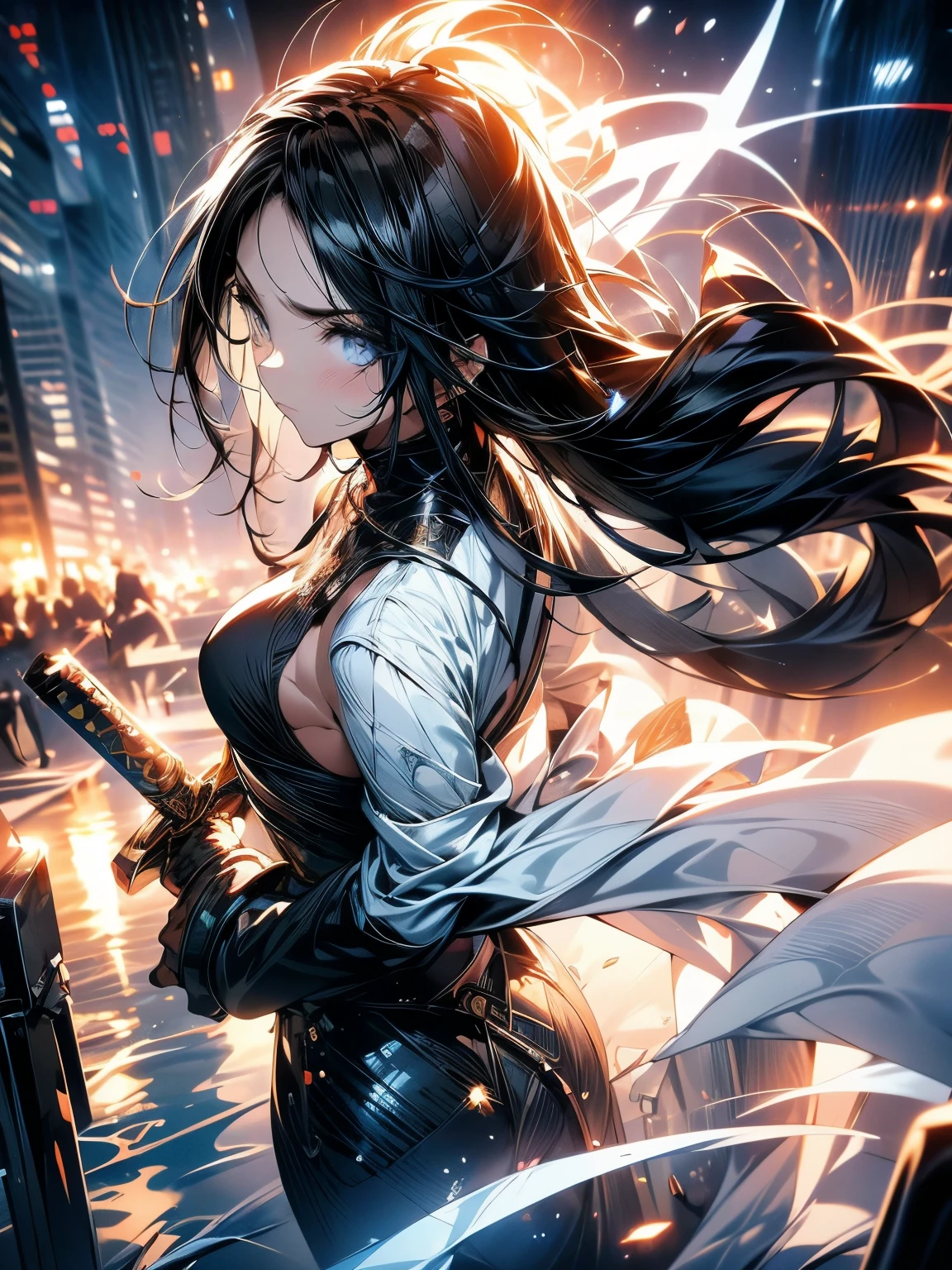 Create Ultra High Definition, Masterpiece quality image with white theme, Featuring a cute anime girl with long black hair in a cool pose, Attack with a high-tech sword. In this scene、A large number of holographic swords appear floating in a circle.。, Each one has countless intricate parts, Set in a predominantly white cyberpunk environment. The scene is enriched with holographic elements and light particles., Emphasizing futuristic and fantastical aesthetics. The image is、Capturing the essence of purity and sophistication with the finest quality and beauty, A super detailed display of a girl and her holographic sword, Super-resolution visuals that highlight the intricate details of a scene.