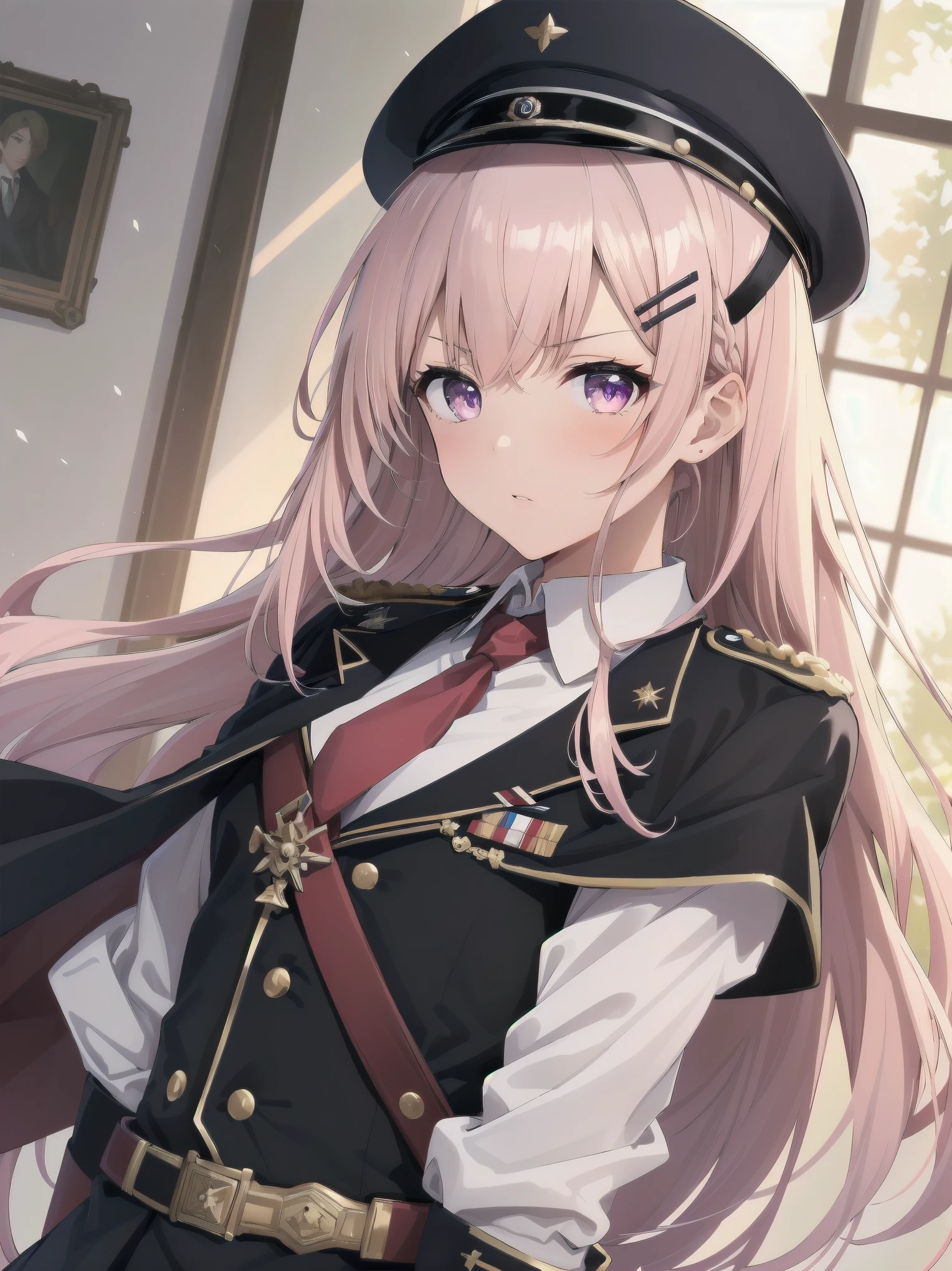 The girl wore a black German military uniform, The girl was draped in a black cloak, surreal, granblue fantasy style, extremely delicate and beautiful, upper body, looking at viewers, focus on eyes, hands behind back, grace, Perfect female body, girlan extremely delicate and beautiful girl, young, Very long hair, sliver hair, big forhead, hair over shoulder, shiny platinum blonde hair, long hair flowing with the wind, detailed face, serious, beatiful detailed eyes, medium chest circumference, white skin, holster, necktie, black capelet, gloves, German military uniform, black gauze skirt, formal, black Clothes, indoors, palace, State banquet, best masterpiece, hyper quality, ultra-detailed,purple eyes,Military uniform,1girl, solo, long hair, pink hair, hairclip, bangs, pink eyes, , pink bow, white shirt, collared shirt, long sleeves, grey skirt