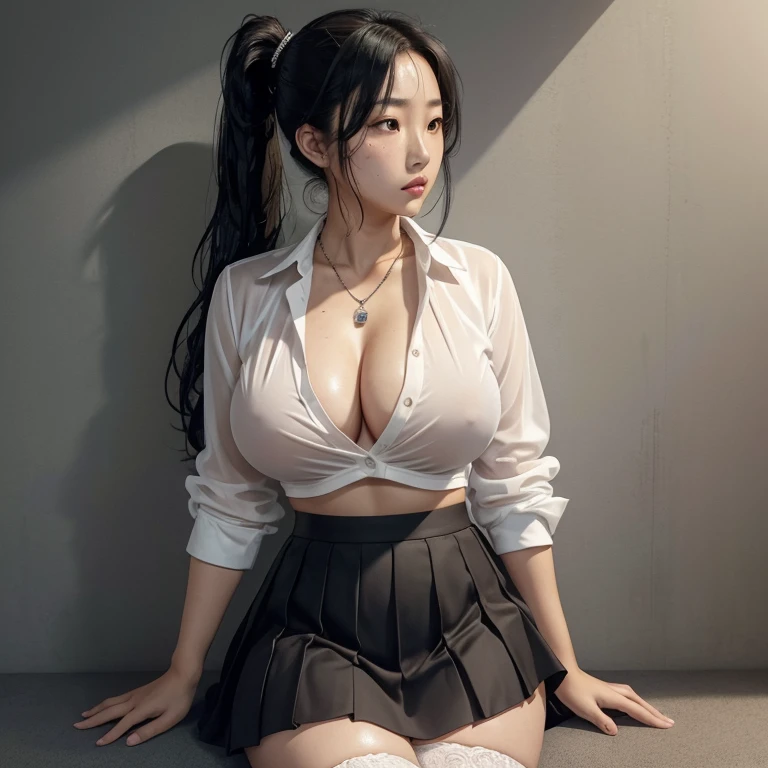 Kaori, Single model, solo, half Asian, half Latino, very long straight black hair, freckles, blushing, wet eyes, long chain pendant, very large heavy breasts, chubby, belly, stretchmarks, ponytail, collar, white collared shirt unbuttoned revealing lace bra, thigh length pleated skirt, knee socks