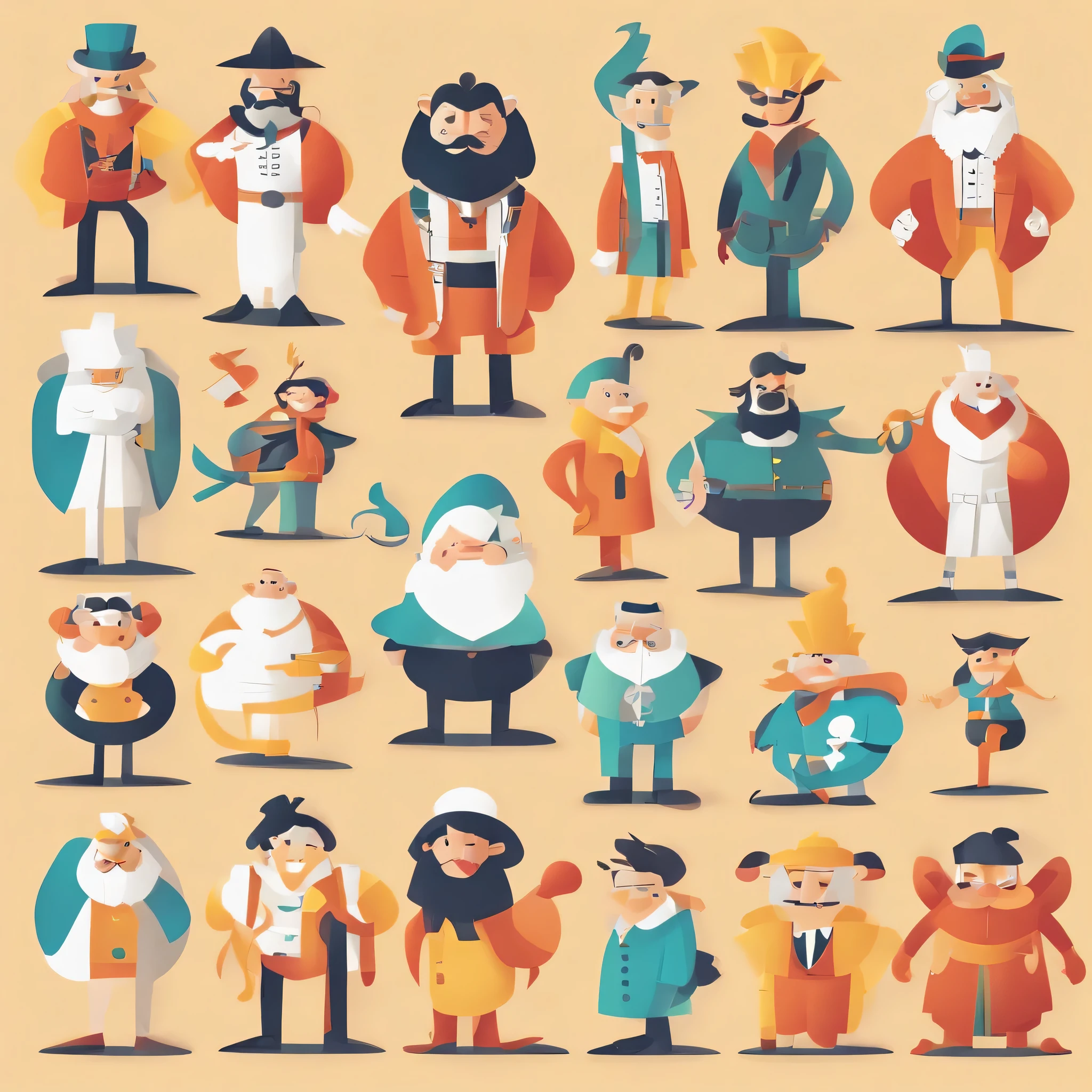 Many cartoon character, full body , front and side pose , simple , no much details , funny , male , disney style ,simple , 3- 4 colours maximum , 