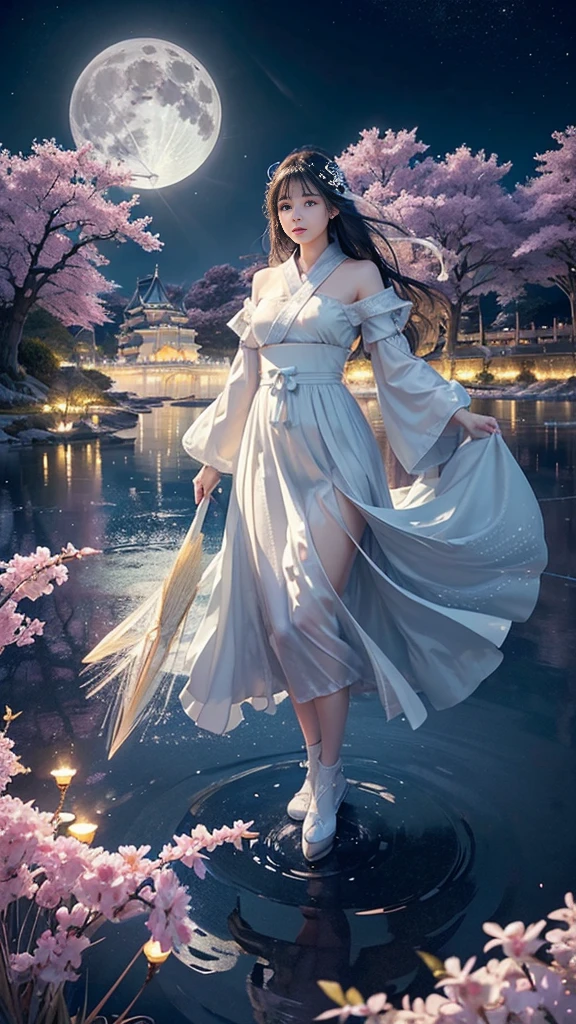 adorable_girl,fair_skin,huge filesize,colorful,beautiful detailed glow, detailed ice, beautiful detailed water, (magic circle:1.2), (floating palaces:1.3),beautiful detailed pampas grass field, open hakama, surrounded by floating sakura, yellow full moon, beautiful detailed dark midnight sky, messy white long hair,,