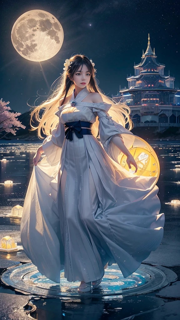 adorable_girl,fair_skin,huge filesize,colorful,beautiful detailed glow, detailed ice, beautiful detailed water, (magic circle:1.2), (floating palaces:1.3),beautiful detailed pampas grass field, open hakama, surrounded by floating sakura, yellow full moon, beautiful detailed dark midnight sky, messy white long hair,baby face,