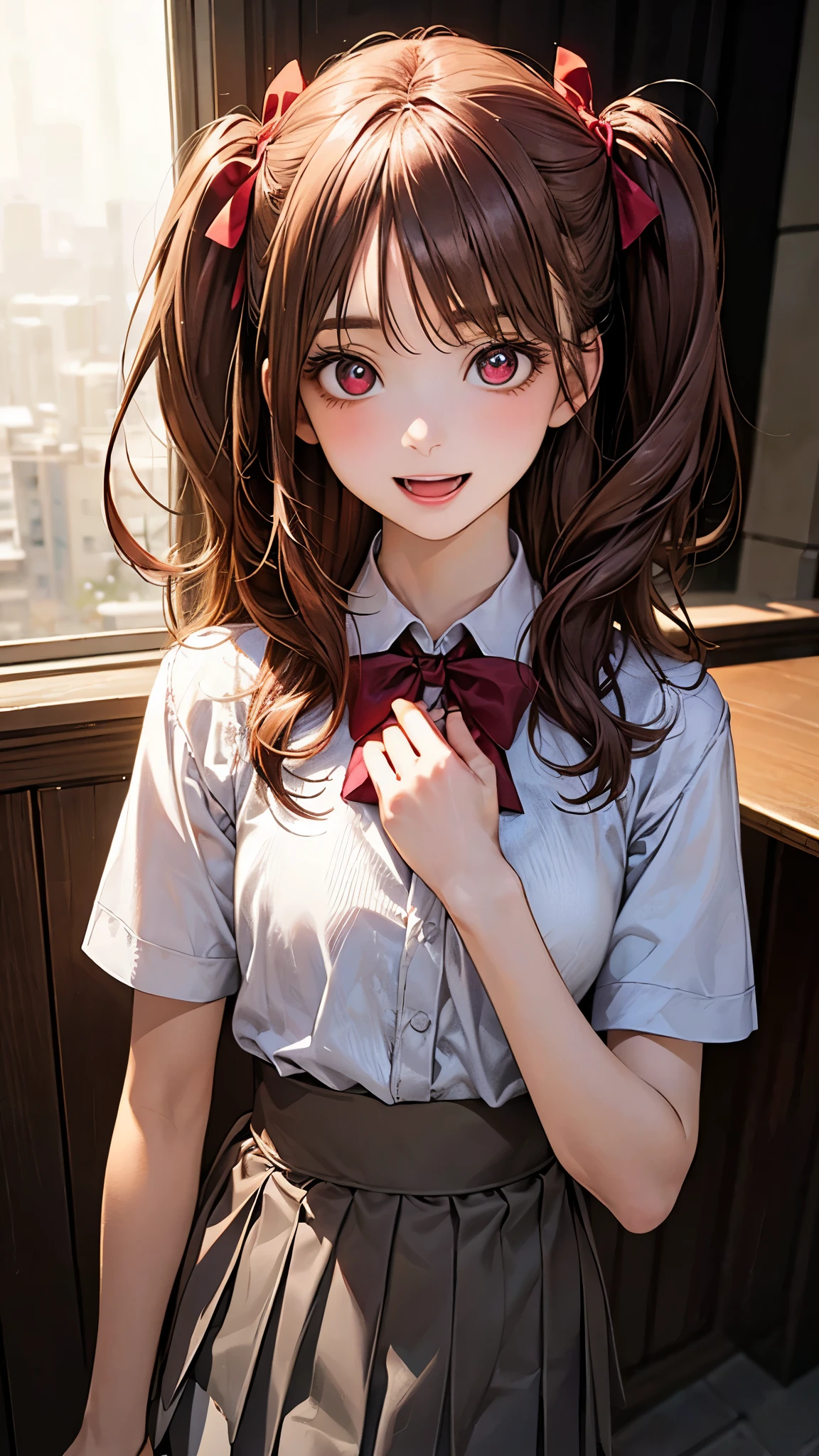 (masterpiece:1.2, top-quality), (realistic, photorealistic:1.4), beautiful illustration, (natural side lighting, movie lighting), nsfw, 
looking at viewer, (face focus, upper body), 1 girl, japanese, high school girl, perfect face, cute and symmetrical face, shiny skin, 
(long hair:1.5, one side up, sandy beige hair), swept bangs, dark red eyes, glowing eyes, big eyes, drooping eyes, long eye lasher, (medium breasts), slender, dark red hair ribbon, 
beautiful hair, beautiful face, beautiful detailed eyes, beautiful clavicle, beautiful body, beautiful chest, beautiful thigh, beautiful legs, beautiful fingers, 
((white collared shirts, grey pleated mini skirt), dark red bow tie), 
(beautiful scenery), evening, (dining room), standing, {hands between legs | hands on chest}, (lovely smile, open mouth small),
