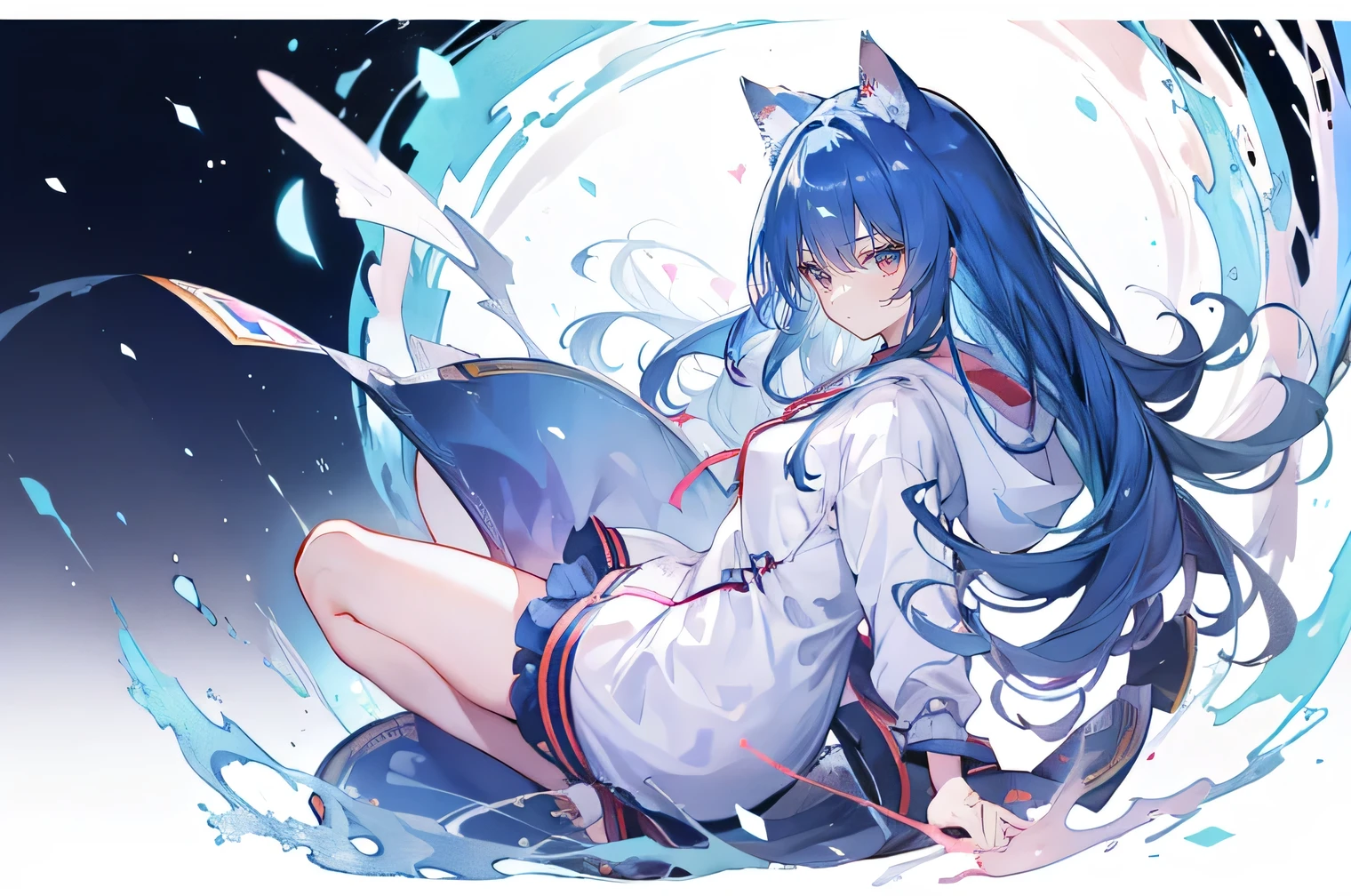 （masterpiece：1.2），Super detailed，lifelike，Expressive eyes，fair skin，perfect face shape，1 girl，
Japanese comics,Gorgeous blue hair,flowing blue hair,flowing clothes,Cat ears,Petals fall,beautiful lola,Baby Angel,
Shaking head with one hand，Cross your legs，Gentle and peaceful background，The pavilion is cool and comfortable,smile, wearing hoodie, background of tokyo,back views,snowing, winter.