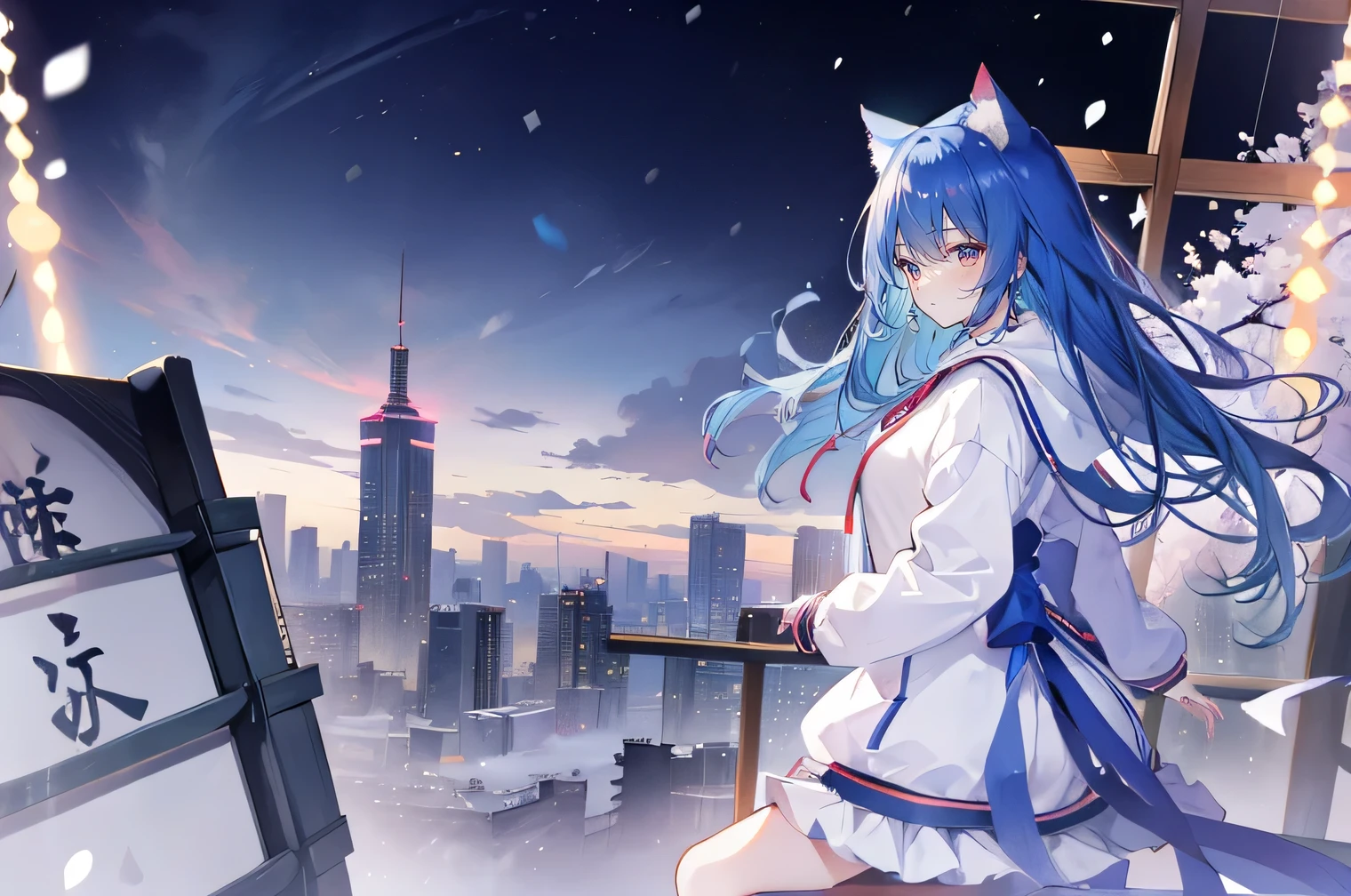 （masterpiece：1.2），Super detailed，lifelike，Expressive eyes，fair skin，perfect face shape，1 girl，
Japanese comics,Gorgeous blue hair,flowing blue hair,flowing clothes,Cat ears,Petals fall,beautiful lola,Baby Angel,
Shaking head with one hand，Cross your legs，Gentle and peaceful background，The pavilion is cool and comfortable,smile, wearing hoodie, background of tokyo,back views,snowing, winter.