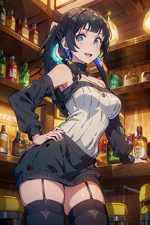 (from below:1.4),(from side:0.9), ((Face)), (Close-Up:0.4), masterpiece,"A 26-year-old girl stands at a bar counter. She is dressed in a stylish off-shoulder dress, sweater dress, off-shoulder sweater, red sweater,garter stocking, cleavage:1.1, midriff, black shorts, black thighhighs, thigh strap, pretty girl, (highly detailed beautiful face and eyes,firm breasts),real skin,((black,hair,long pony tail hair)),thin pubic hair,cute and lovely pose, detailed eyes, This masterpiece is only visually stunning but also tells,(double breasted:0.6,under bust:0.6),(with sparkling eyes and a contagious smile),open mouth. The bar is beautiful, with colorful bottles of alcohol in the background and a soft glow from neon lights. The atmosphere is relaxed, and the girl looks confident and fashionable.",full body, sexy pose,make a cocktail , in a bar counter, Looking at Viewer,
