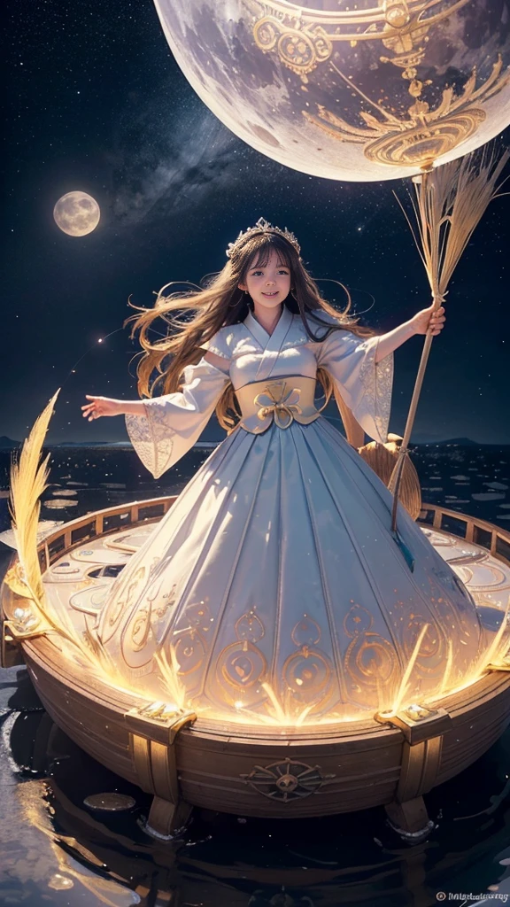 adorable_girl,fair_skin,huge filesize,colorful,beautiful detailed glow, detailed ice, beautiful detailed water, (magic circle:1.2), (floating palaces:1.3),beautiful detailed pampas grass field, open hakama, surrounded by floating sakura, yellow full moon, beautiful detailed dark midnight sky, messy white long hair,smile,