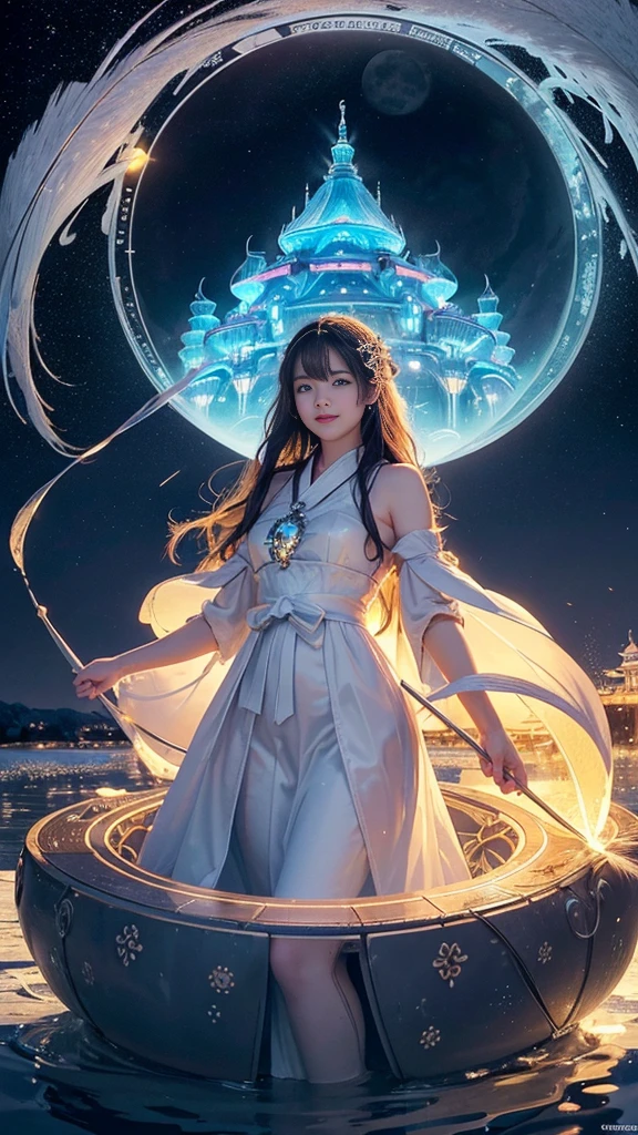 adorable_girl,fair_skin,huge filesize,colorful,beautiful detailed glow, detailed ice, beautiful detailed water, (magic circle:1.2), (floating palaces:1.3),beautiful detailed pampas grass field, open hakama, surrounded by floating sakura, yellow full moon, beautiful detailed dark midnight sky, messy white long hair,smile,
