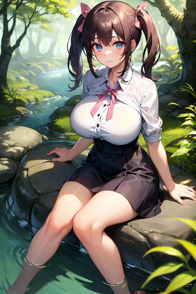 huge breast, A young girl with brown pigtails tied with pink ribbons, sky-blue eyes, wearing a , sitting on a stone by a stream. She is dipping her feet in the water, surrounded by lush greenery. The scene is set in the afternoon with soft sunlight filtering through the trees, creating a peaceful and relaxing atmosphere.