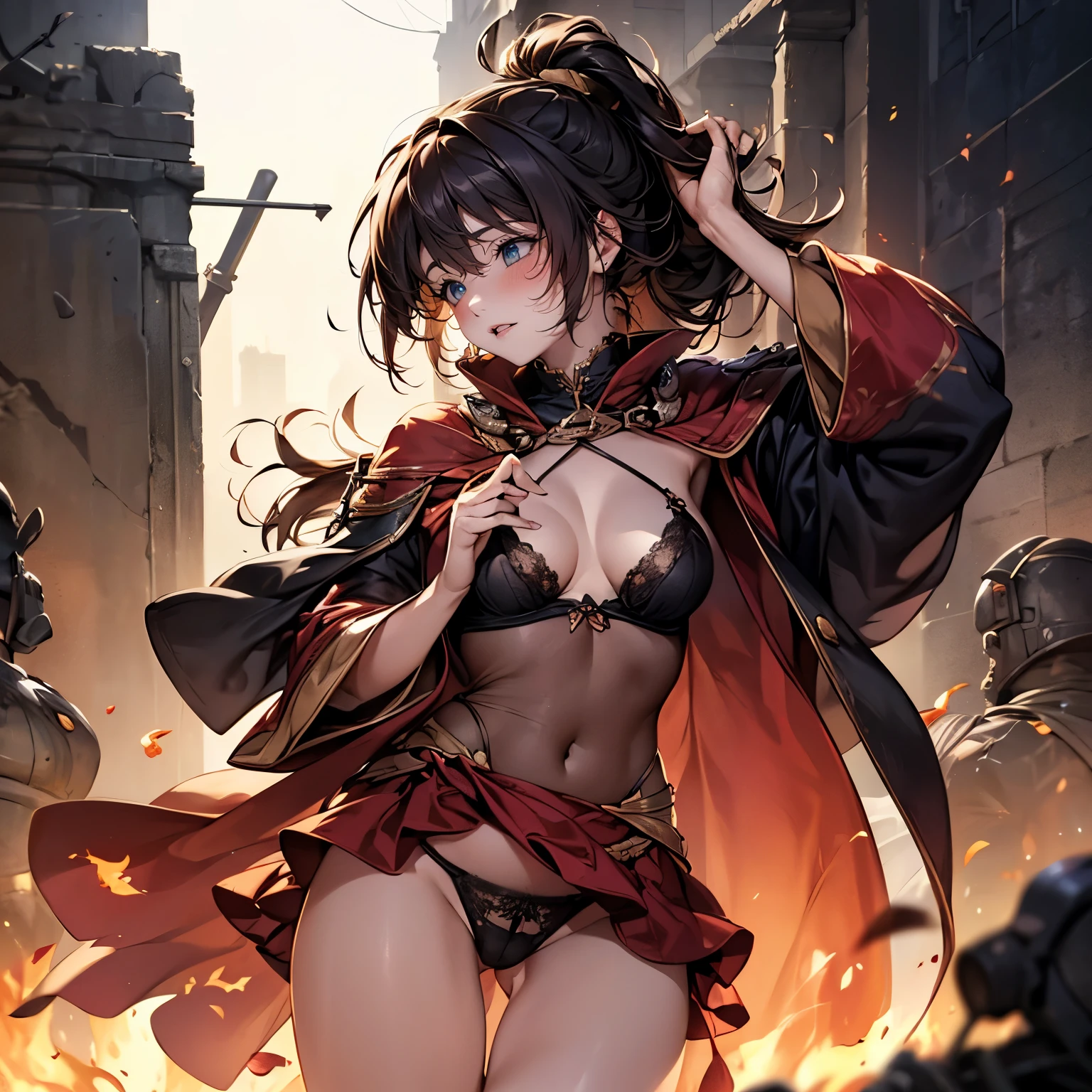 ((female, magic power, wearing flames, cloaks, with flame, wasteland, super long shot, looking away)), wear a sheer, fiery dress, wrap the udder, bras of any color, pubic hair, pubic hair sticks out of the panties, pubic hair is all over the lower belly, pubic hair up to the thighs, quite a lot of pubic hair, don't trim pubic hair, detailed panties, crotch with fingertips, pubic hair at your fingertips, lower body is thin, blushing, squinted, thin laughter, any hairstyle, ruins