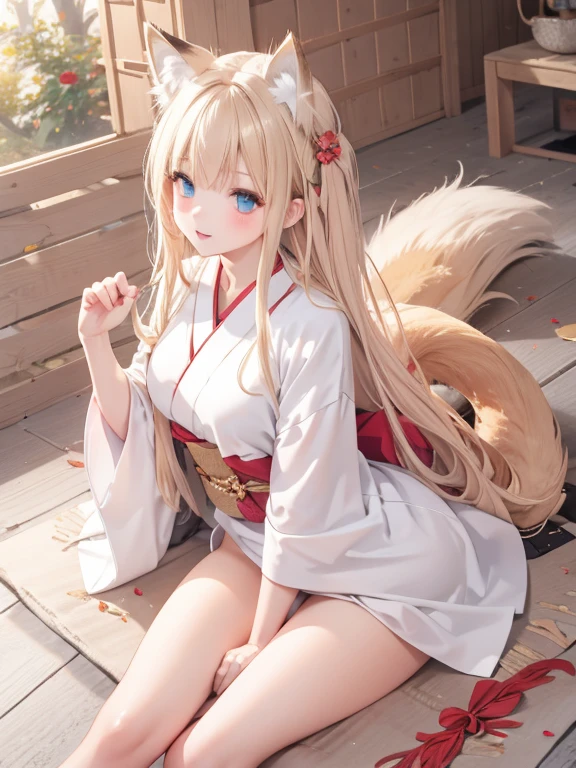 masterpiece, highest quality, Very detailed, 16k, Ultra-high resolution, Cowboy Shot, One 14-year-old girl, Detailed face, Perfect Fingers, Fox Ears, tail, Golden Eyes, Blonde, Long Hair, Red kimono, White panties, japanese mansion, wooden building, Japanese garden, Ishigaki, Gravel road, Big Stone, Plants, Lie down