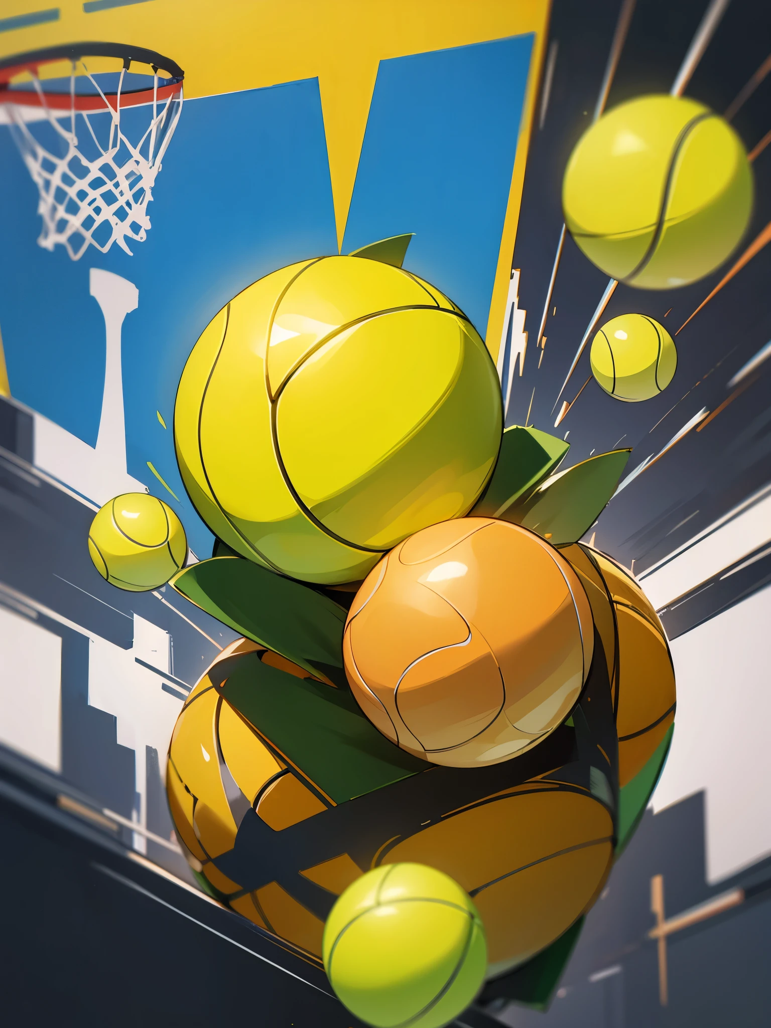 a tennis ball colliding with a stationary basketball. poster making style