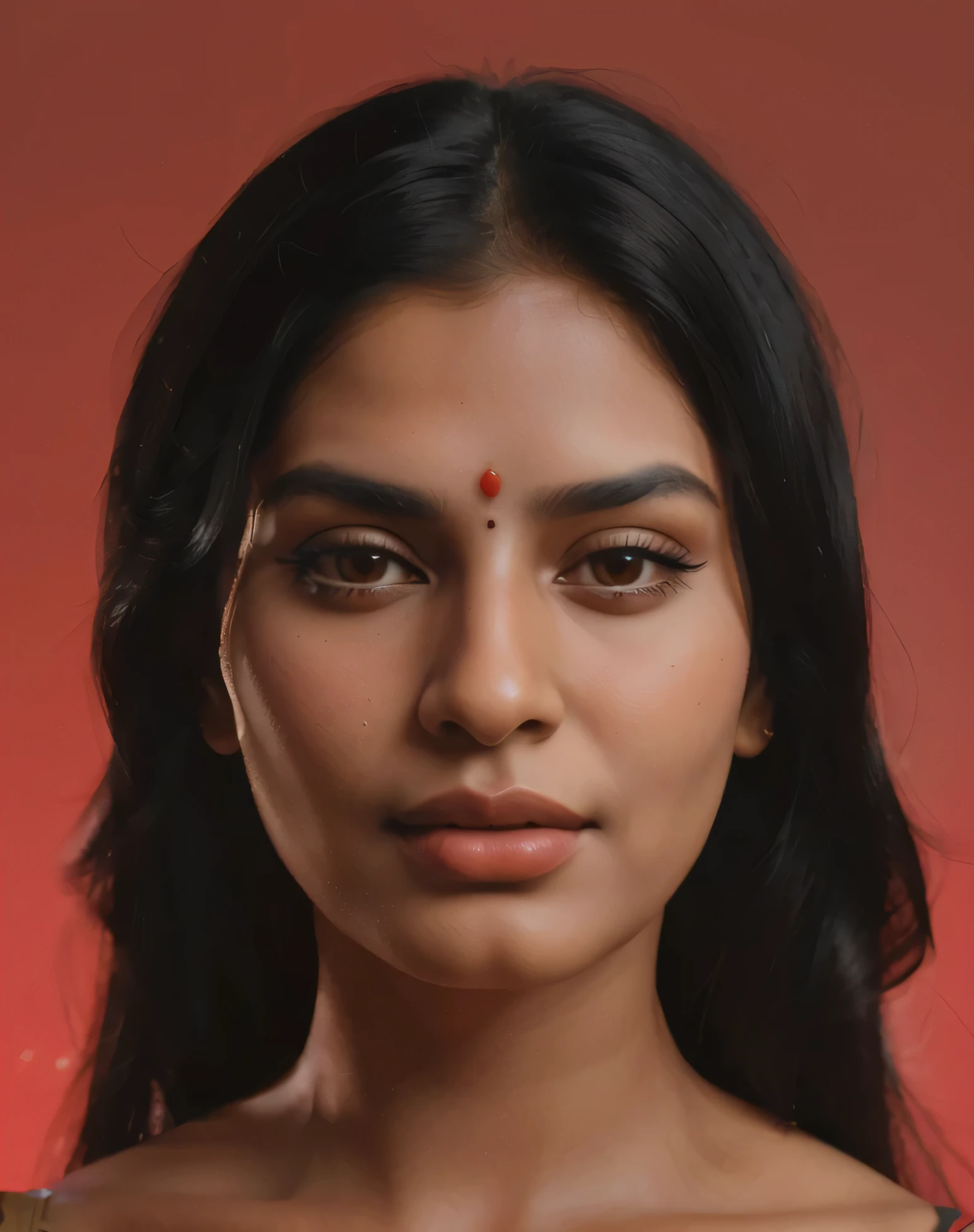 painting of a indian woman with long black hair and a red background, realistic restored face, realistic female portrait, realistically rendered face, realistic portrait, full face portrait, facial portrait, stylized portrait, stylized portrait h 0, humanoid portrait, portrait of female humanoid, portrait of modern darna, closeup character portrait, digital portrait, realistic maya