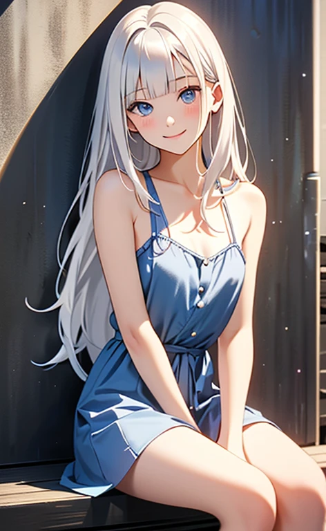 (masterpiece:1.4、top-quality、illustration:,realistic、)、(character focus、,cowboy shot:1.3)、(1girl),(light smile:1.3),(),cute face,blue eyes、(tareme:1.3)、(),
(),(sitting,lean against the wall:1.4),、
(white hair),(long hair:1.5)、
,(her room:1.3),（Room wear:1.5),
(blunt bangs),(sidelocks:1.3), (small breasts:1.2)、
、slender、
