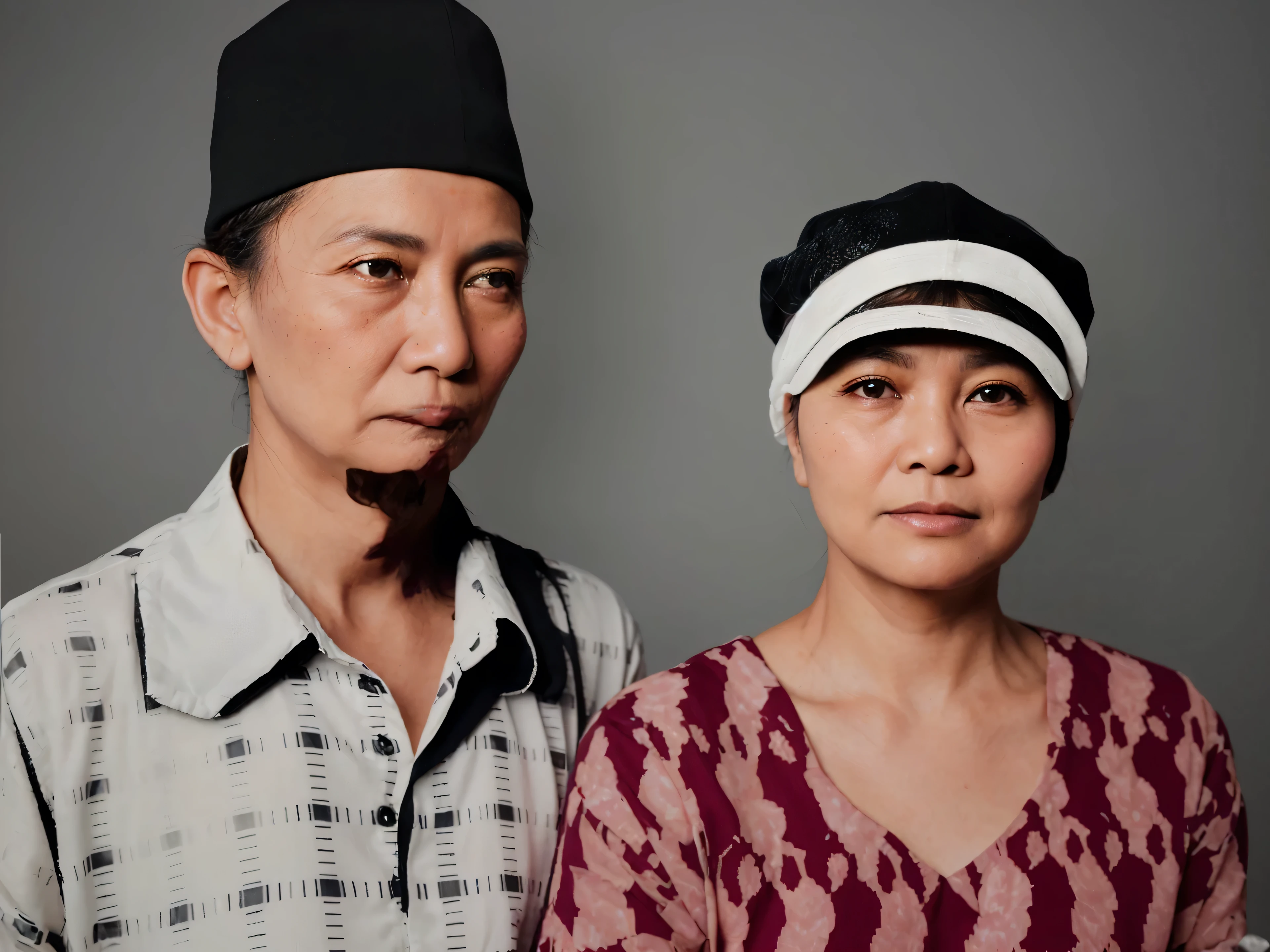 Make this photo look detailed and realistic, there are two people standing next to each other with a hat on, 7 0 years old man, 6 5, years old woman, chain on female, an indonesian family portrait, portrait of two people, dramatic portraiture of namenlos, couple portrait, a colorized photo, couple, potrait, couples portrait, momma and papa, restored photo, colorized photo, old style photo, very detailed face, very realistic face, very perfect face