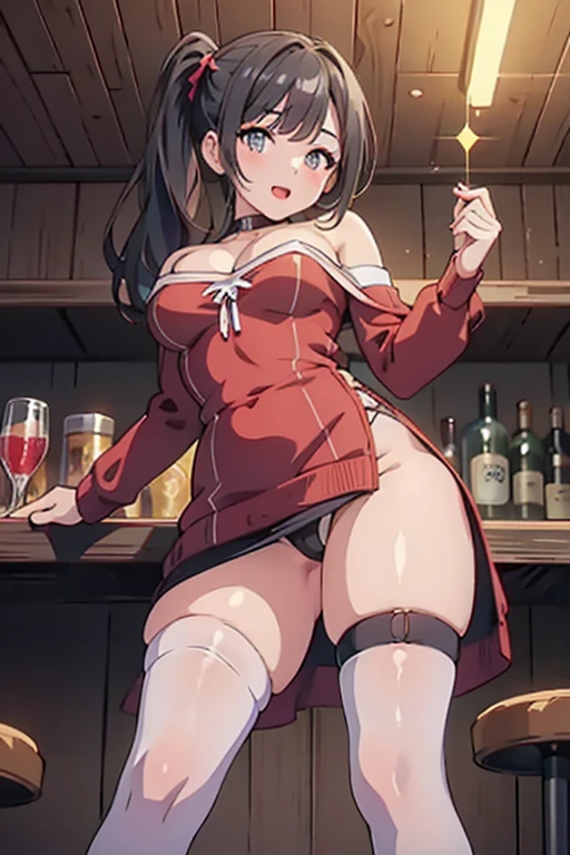 (from below:1.4),(from side:0.9), ((Face)), (Close-Up:0.4), masterpiece,"A 26-year-old girl stands at a bar counter. She is dressed in a stylish off-shoulder dress, sweater dress, off-shoulder sweater, red sweater,garter stocking, cleavage:1.1, midriff, black shorts, black thighhighs, thigh strap, pretty girl, (highly detailed beautiful face and eyes,firm breasts),real skin,((black,hair,long pony tail hair)),thin pubic hair,cute and lovely pose, detailed eyes, This masterpiece is only visually stunning but also tells,(double breasted:0.6,under bust:0.6),(with sparkling eyes and a contagious smile),open mouth. The bar is beautiful, with colorful bottles of alcohol in the background and a soft glow from neon lights. The atmosphere is relaxed, and the girl looks confident and fashionable.",full body, sexy pose,make a cocktail , in a bar counter, Looking at Viewer,
