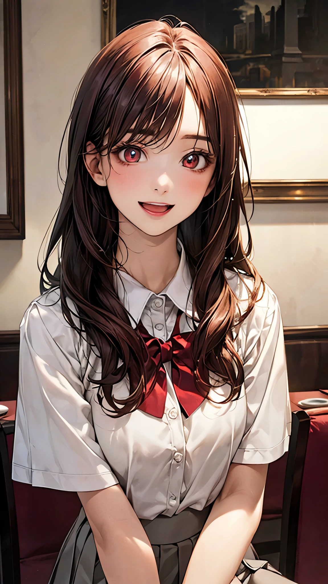 (masterpiece:1.2, top-quality), (realistic, photorealistic:1.4), beautiful illustration, (natural side lighting, movie lighting), nsfw,
looking at viewer, (face focus, upper body), 1 girl, japanese, high school girl, perfect face, cute and symmetrical face, shiny skin,
(long hair:1.5, one side up, sandy beige hair), swept bangs, dark red eyes, glowing eyes, big eyes, drooping eyes, long eye lasher, (medium breasts), slender, dark red hair ribbon,
beautiful hair, beautiful face, beautiful detailed eyes, beautiful clavicle, beautiful body, beautiful chest, beautiful thigh, beautiful legs, beautiful fingers,
((white collared shirts, grey pleated mini skirt), dark red bow tie),
(beautiful scenery), evening, (dining room:1.5), standing, {hands between legs | hands on chest}, (lovely smile, open mouth small),