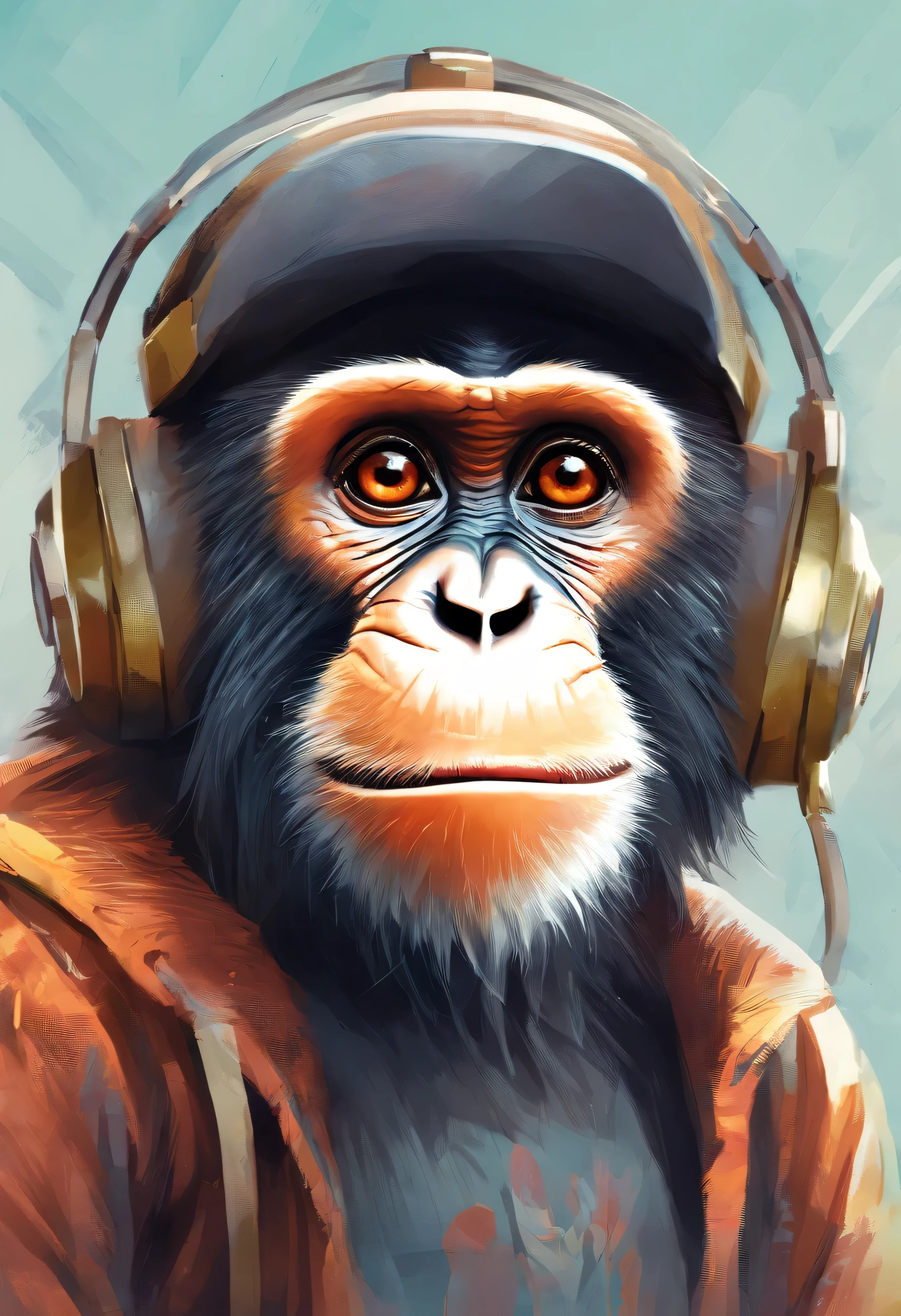 best quality, highres, ultra-detailed, realistic, monkey wearing a cap, anthropomorphic monkey, detailed face and expression, cute monkey with human characteristics, realistic textures, fur and cap details, vibrant colors, whimsical art style, outdoor setting, natural lighting, glases and headset