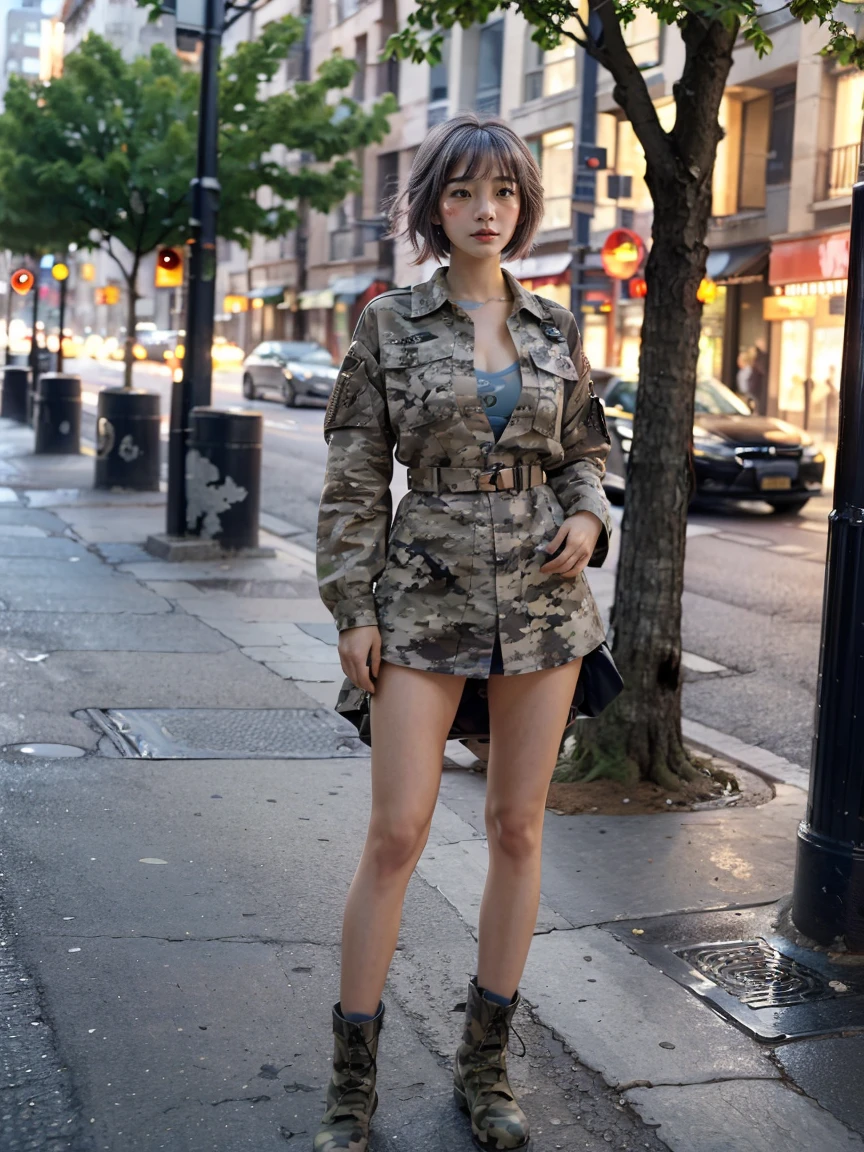 (1 lady), (Best quality at best:1.4), (ultra - detailed), (extremely detailed CG unified 16k), A Beautiful Woman with Perfect Figure: 1.4, Sharp Focus: 1.2, very detailed, High-definition RAW color photo, professional photoshooting, amazing face and eyes, cosmetics, (amazingly beautiful girl), ((yuki)), ((grays woodland camo bdu shirt, pixelated gray combat boots camo pattern)), standing, sexyposture,(Stylish urban landscape, day light), (look from down), realistic cinematic face, head to feet long wide zoomed out view, full body long view, photorealistic, ((realistic natural grayish purple hair style, yellowish eyes)), gorgeous, extremely beautiful face, perfect model beauty, pout mouth, Highly Detailed Face and Skin Texture, Detailed Eyes, Double Eyelids, Big Breasts, inexpressive face, cleavages, western, (masterpiece), best quality, high resolution, extremely detailed, blurred background, depth of field, cinematic lighting, amazing legs, clear and well-cared skin