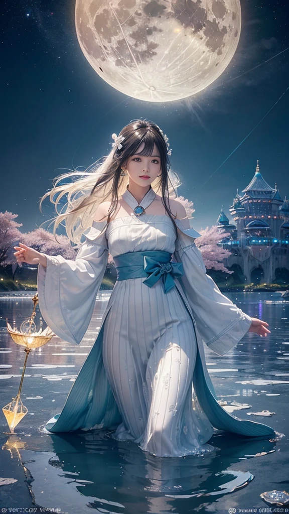 adorable_girl,fair_skin,huge filesize,colorful,beautiful detailed glow, detailed ice, beautiful detailed water, (magic circle:1.2), (floating palaces:1.3),beautiful detailed pampas grass field, open hakama, surrounded by floating sakura, yellow full moon, beautiful detailed dark midnight sky, messy white long hair,:d,
