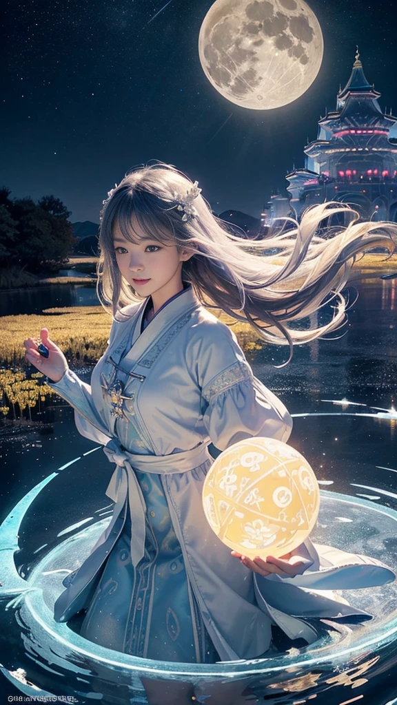 adorable_girl,fair_skin,huge filesize,colorful,beautiful detailed glow, detailed ice, beautiful detailed water, (magic circle:1.2), (floating palaces:1.3),beautiful detailed pampas grass field, open hakama, surrounded by floating sakura, yellow full moon, beautiful detailed dark midnight sky, messy white long hair,:d,