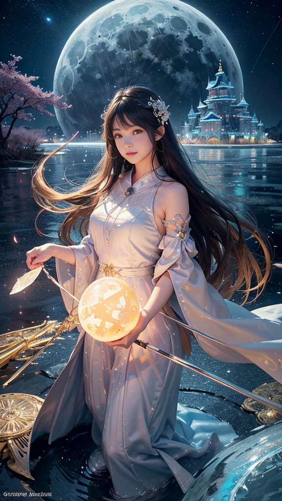 adorable_girl,fair_skin,huge filesize,colorful,beautiful detailed glow, detailed ice, beautiful detailed water, (magic circle:1.2), (floating palaces:1.3),beautiful detailed pampas grass field, open hakama, surrounded by floating sakura, yellow full moon, beautiful detailed dark midnight sky, messy white long hair,:d,